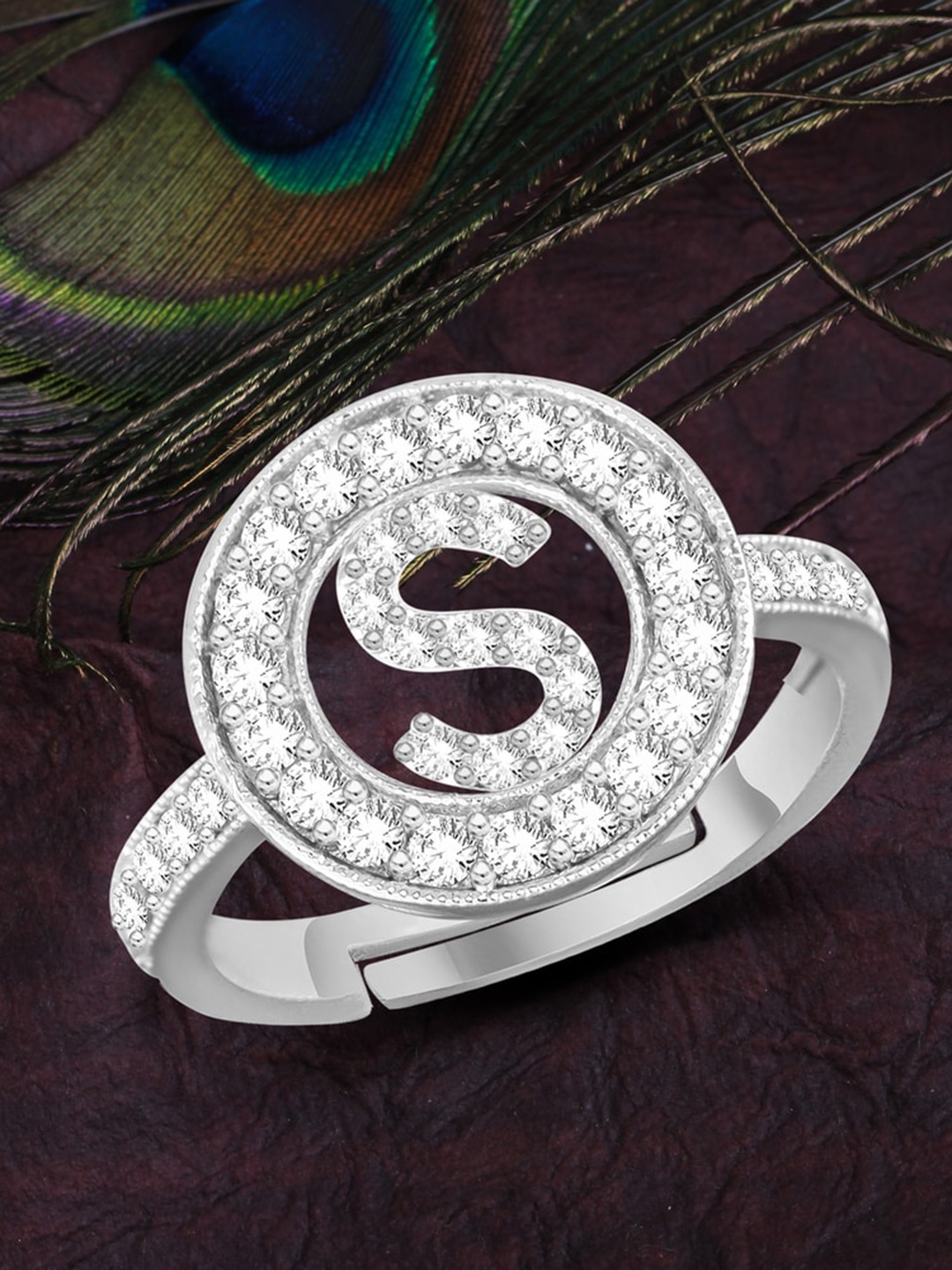 

MEENAZ Silver-Plated American Diamond Adjustable Finger Ring