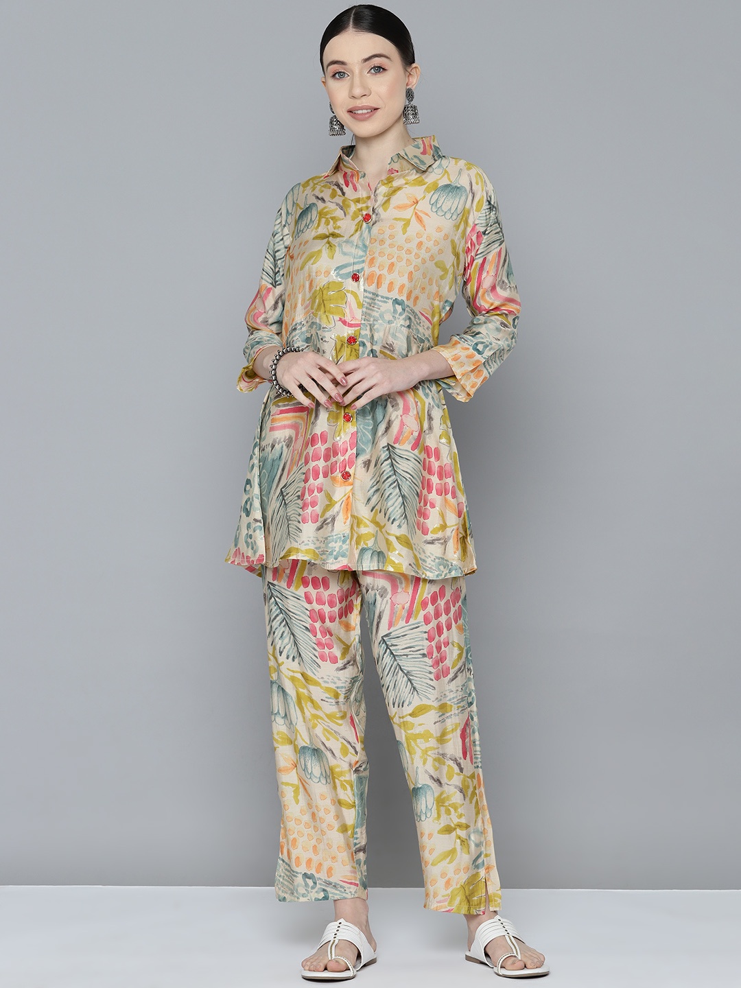 

Kvsfab Women Printed Tunic with Trousers, Beige