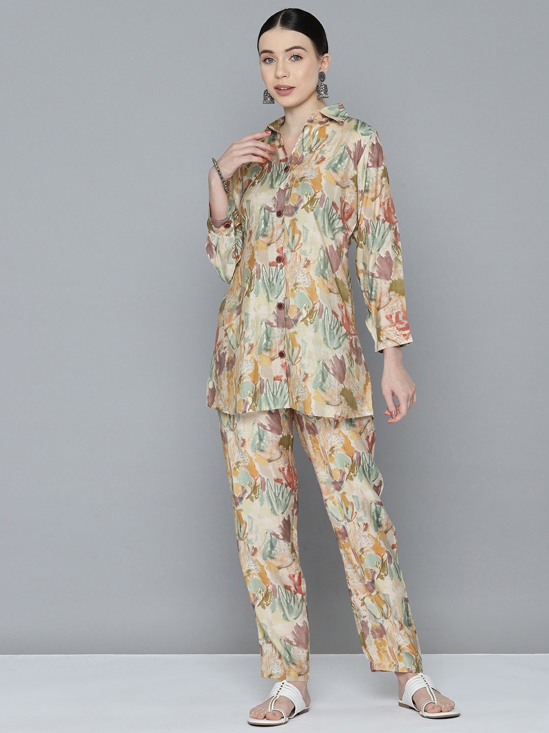 

Kvsfab Women Printed Tunic with Trousers, Beige