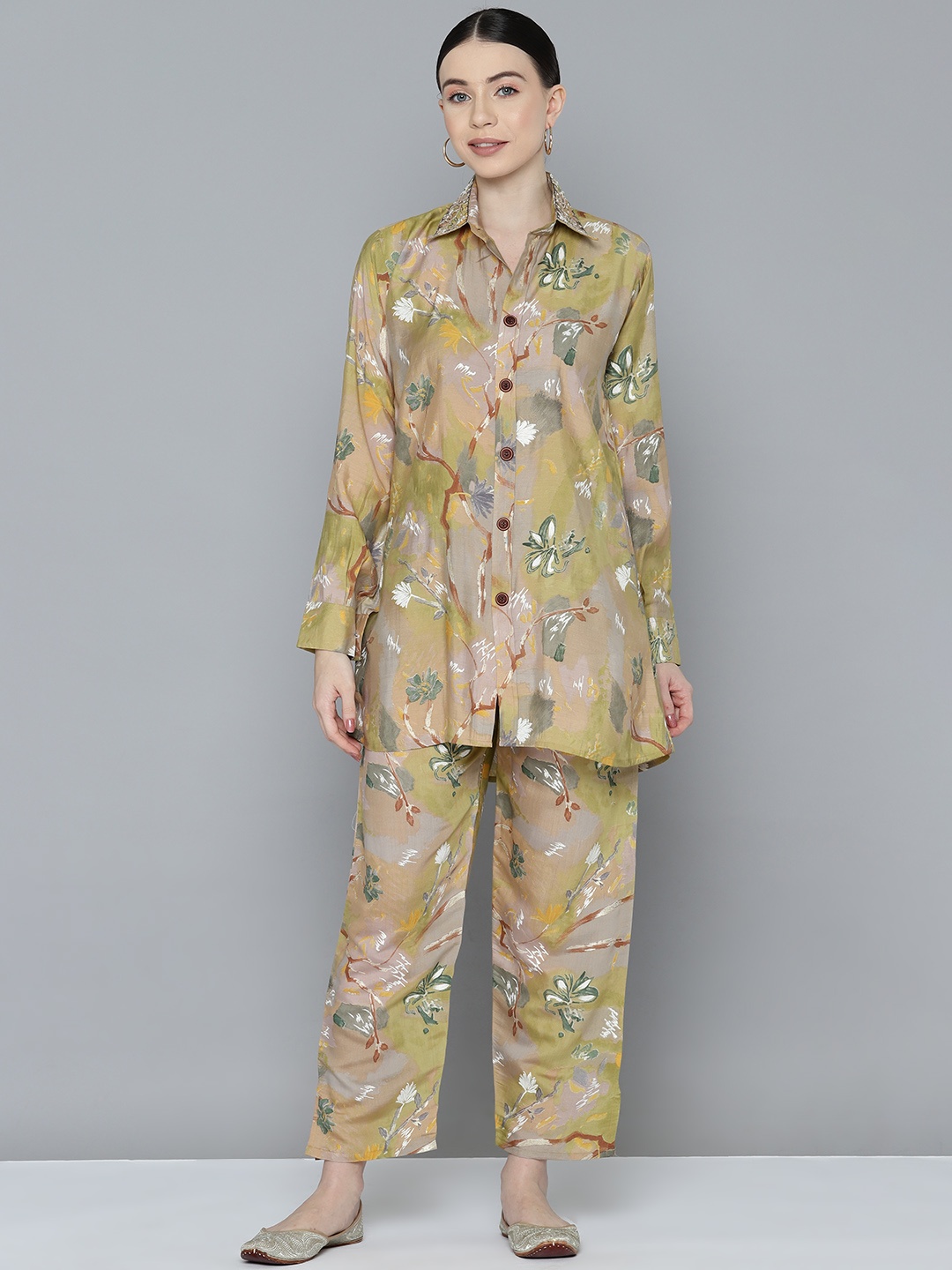 

Kvsfab Women Printed Tunic with Trousers, Beige