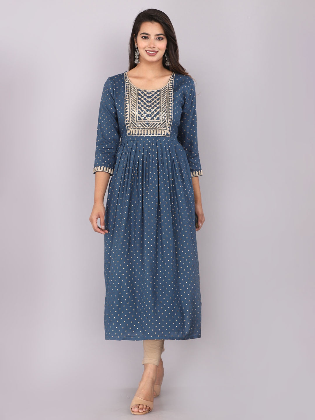 

KALINI Geometric Printed Sequinned Empire A-Line Kurta, Blue