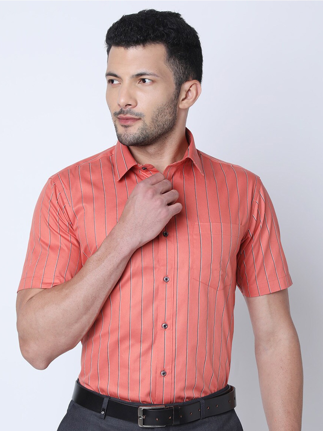 Oxemberg Vertical Striped Slim Fit Cotton Formal Shirt, Coral