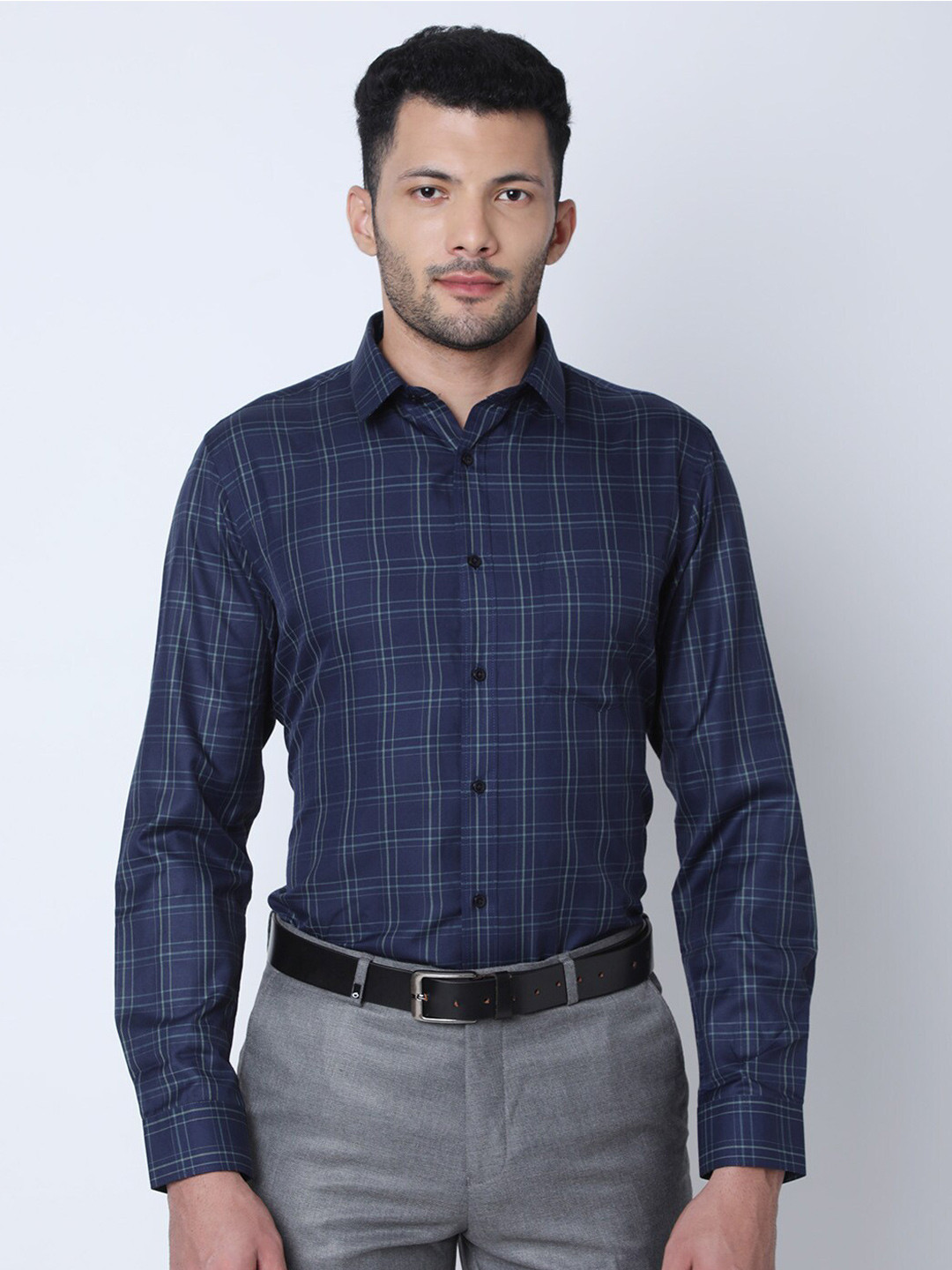 

Oxemberg Classic Slim Fit Grid Tattersall Checked Formal Cotton Shirt, Navy blue