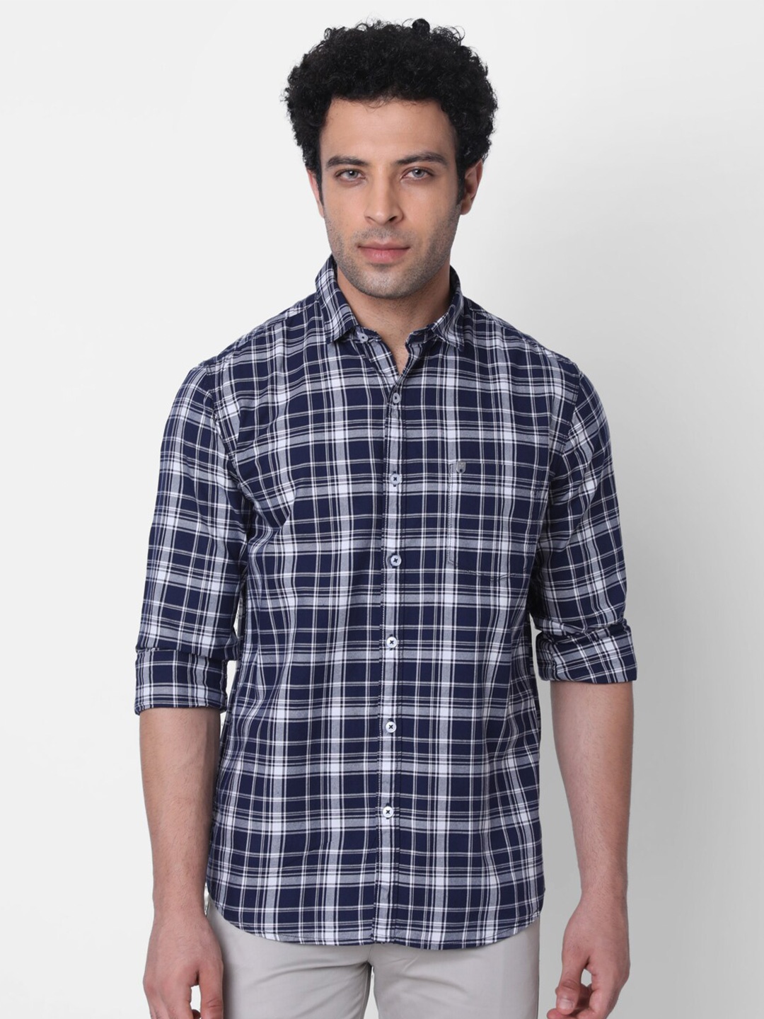 

Oxemberg Classic Slim Fit Tartan Checked Cotton Casual Shirt, Navy blue