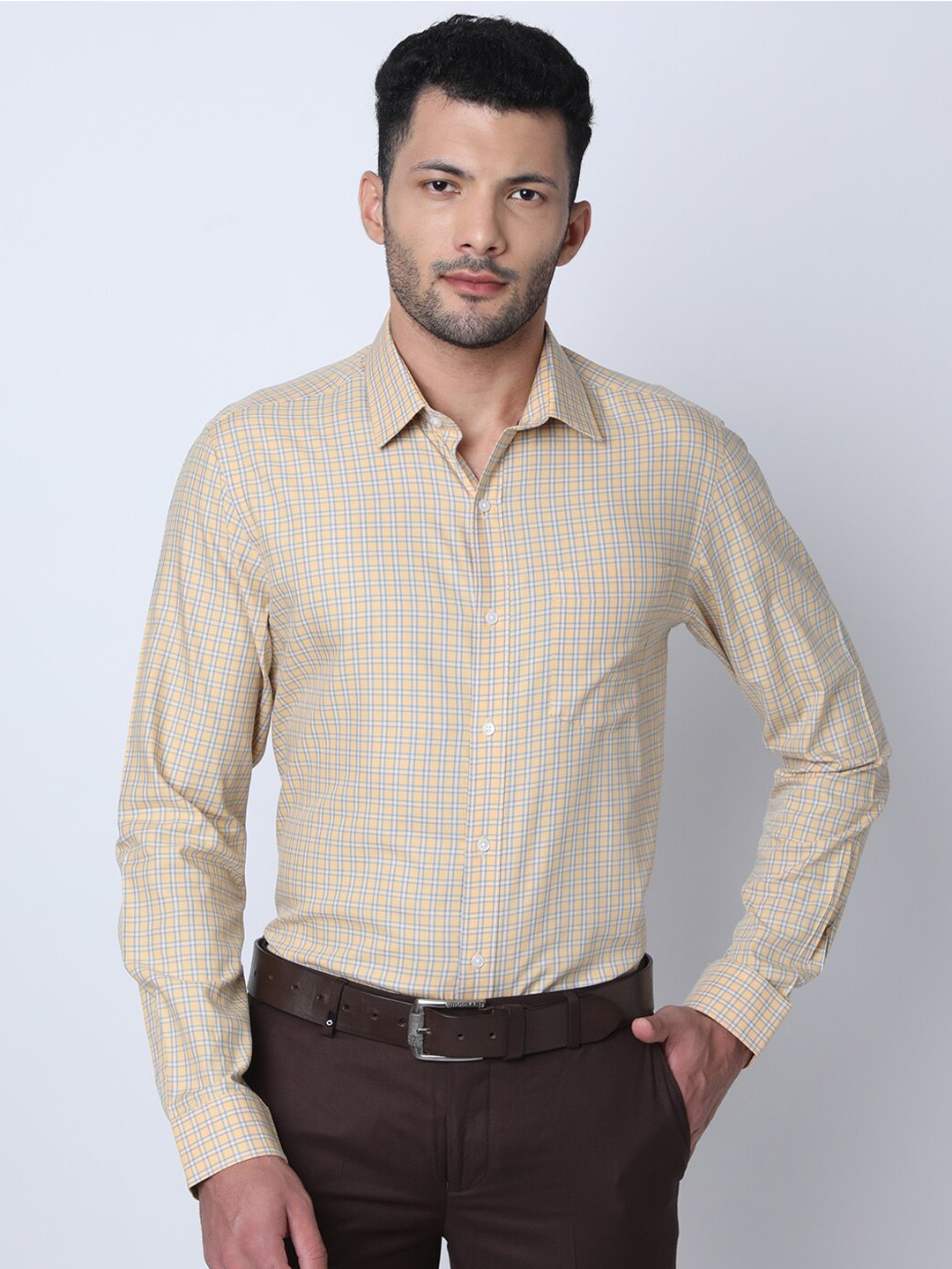 

Oxemberg Classic Slim Fit Checked Cotton Formal Shirt, Yellow