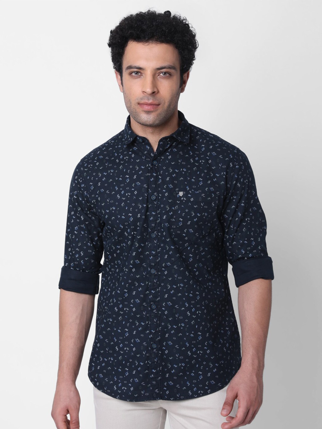 

Oxemberg Classic Slim Fit Conversational Printed Casual Cotton Shirt, Navy blue