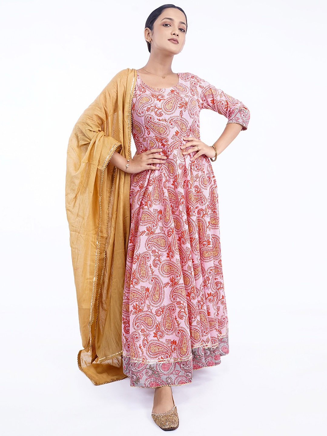 

Desi Weavess Paisley Printed Empire Pure Cotton Kurta With Trousers & Dupatta, Pink