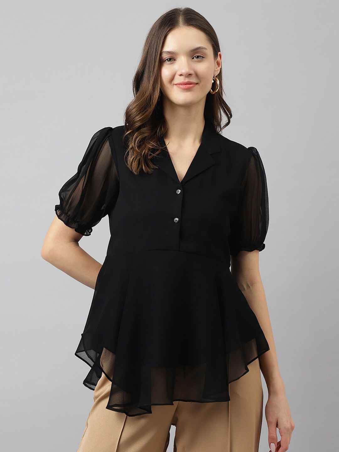 

KERI PERRY Shirt Collar Puff Sleeves Georgette Peplum Top, Black