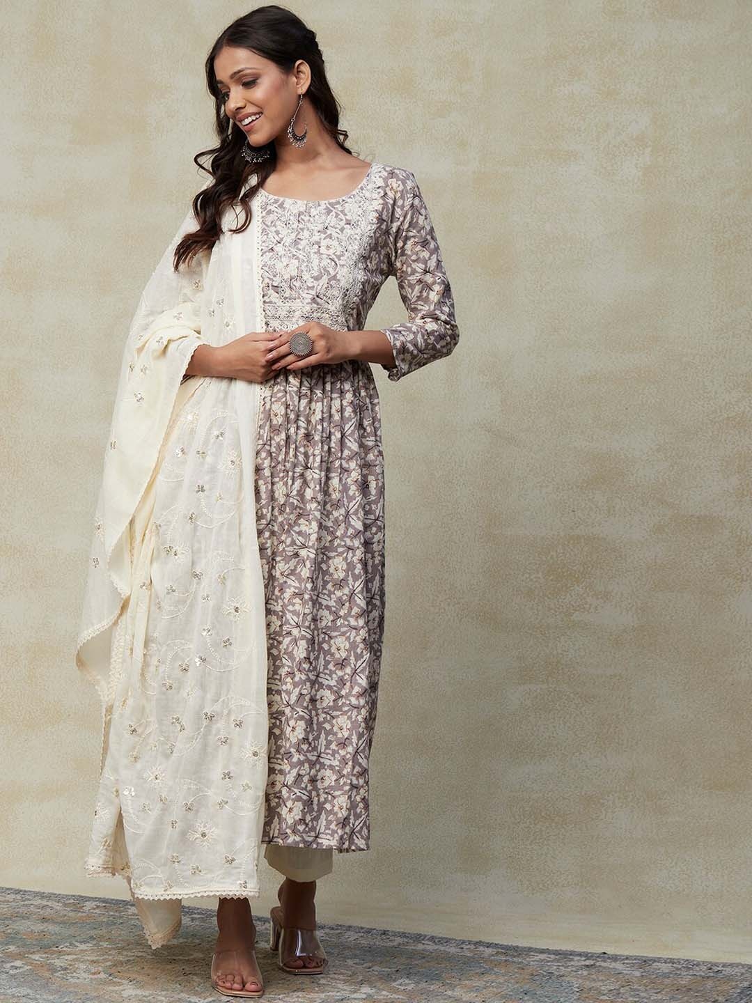 

FASHOR Grey Floral Printed Pleated Sequinned Pure Cotton Kurta with Trousers & Dupatta