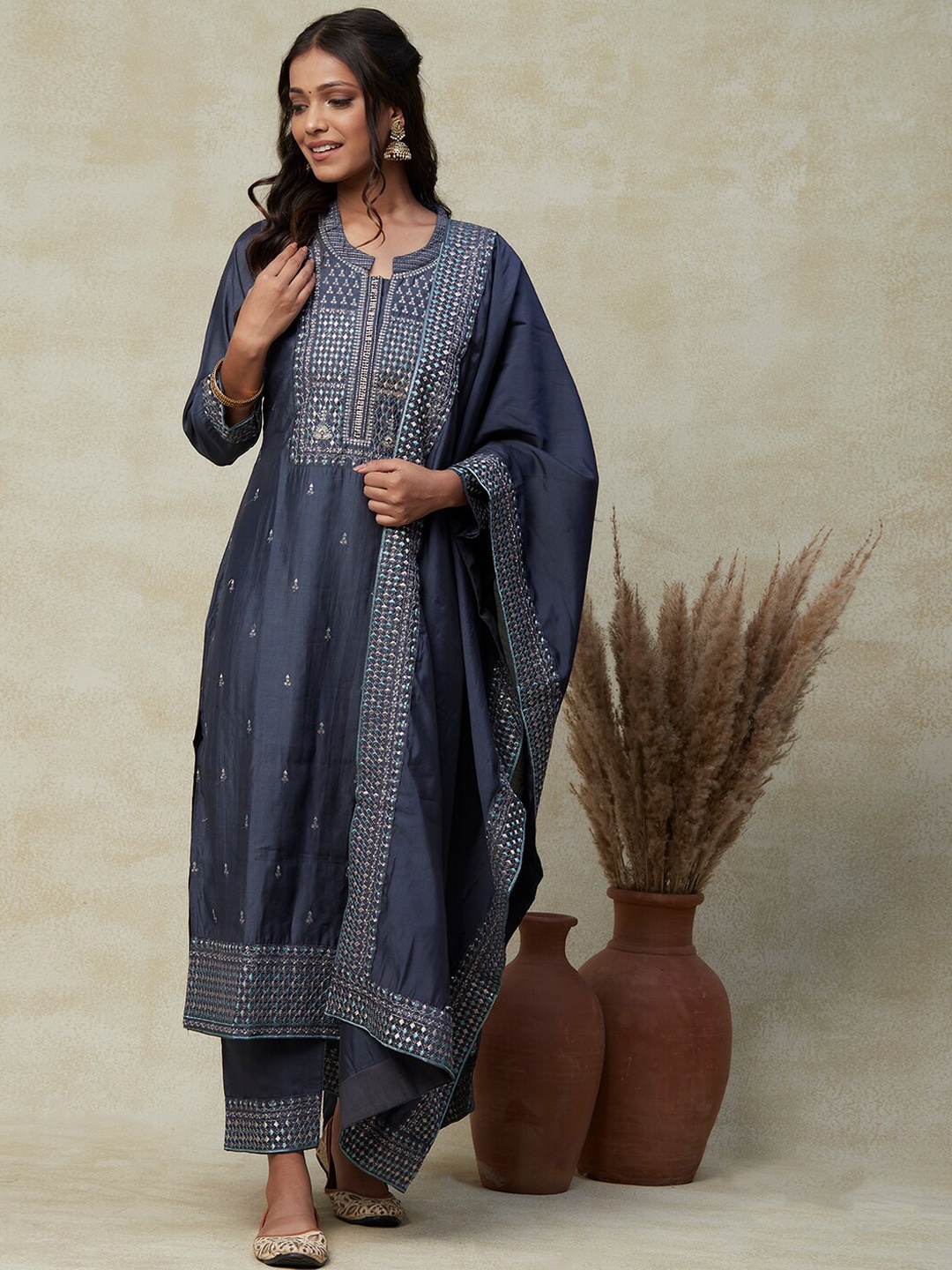 

FASHOR Grey Ethnic Motifs Embroidered Kurta with Palazzos & With Dupatta