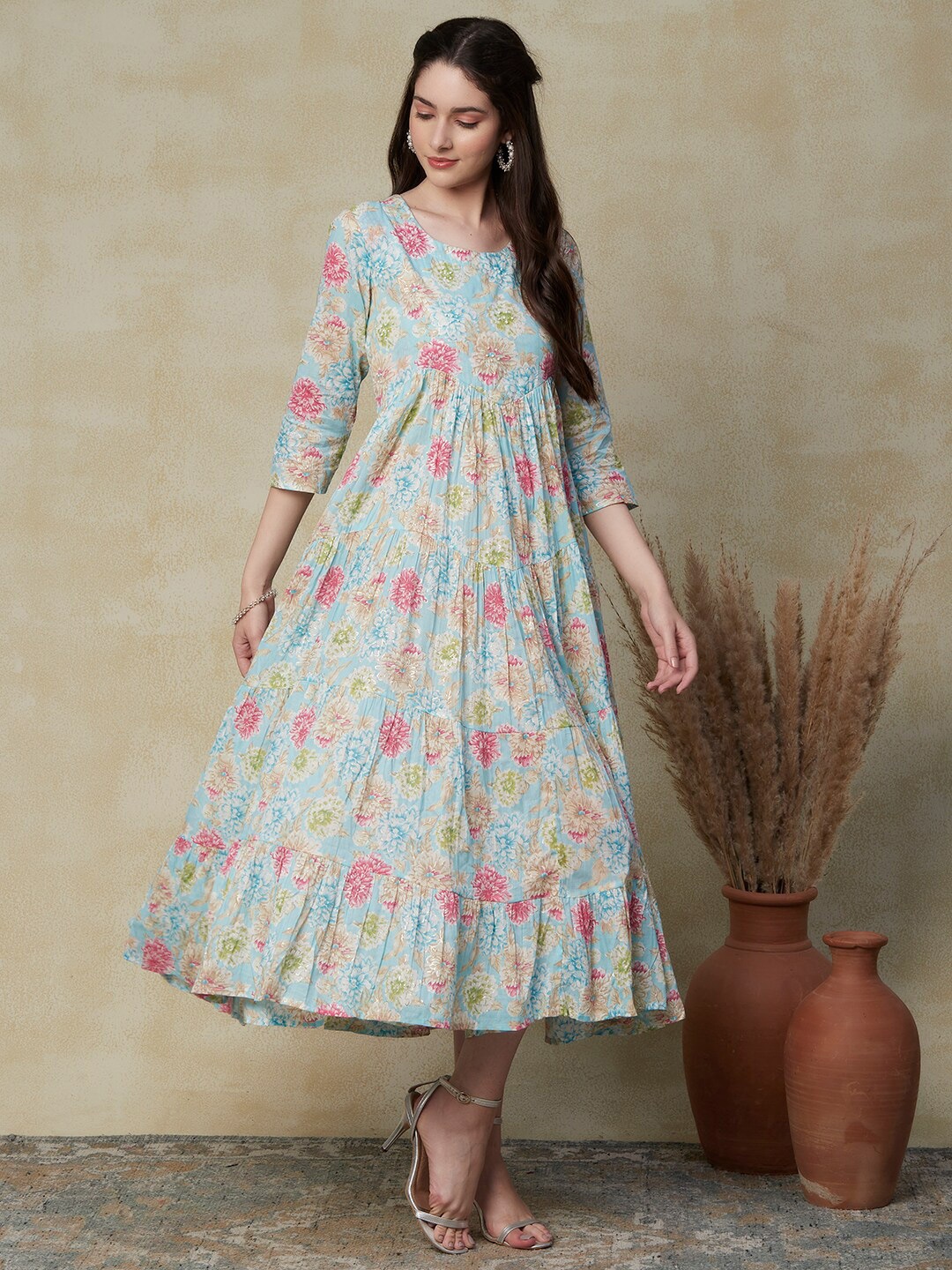 

FASHOR Floral Printed Tiered Cotton A-Line Midi Dress, Blue