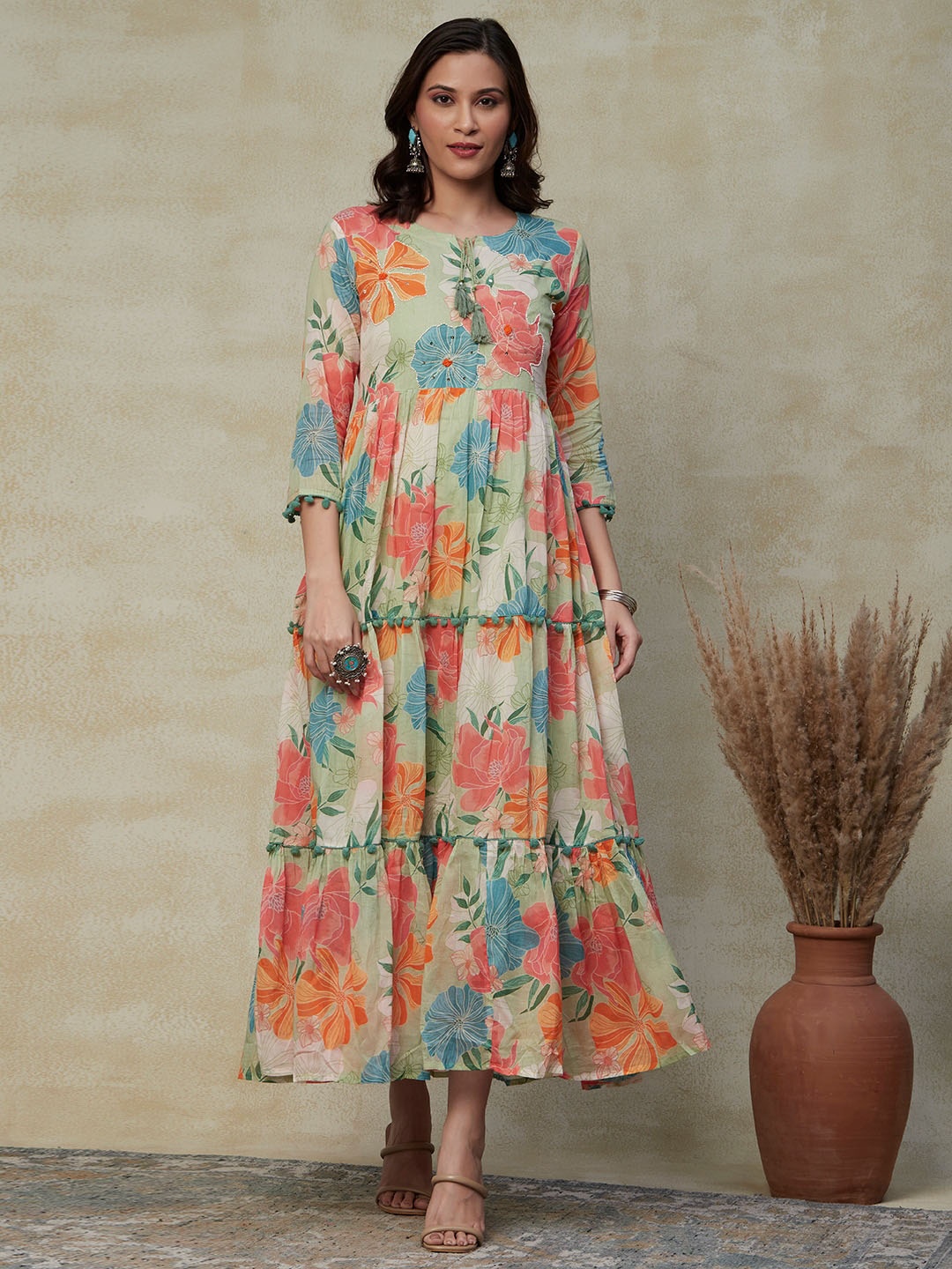 

FASHOR Gren & Pink Floral Print A-Line Maxi Dress, Green
