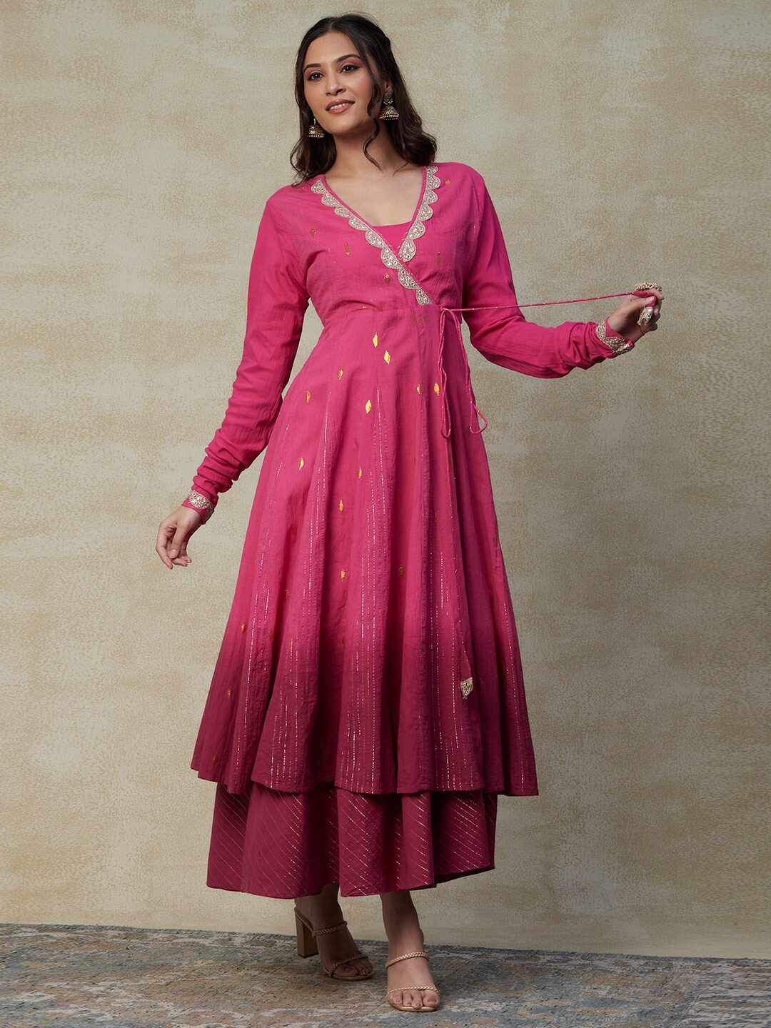 

FASHOR Pink Ethnic Motifs Print Layered Maxi Ethnic Dresses
