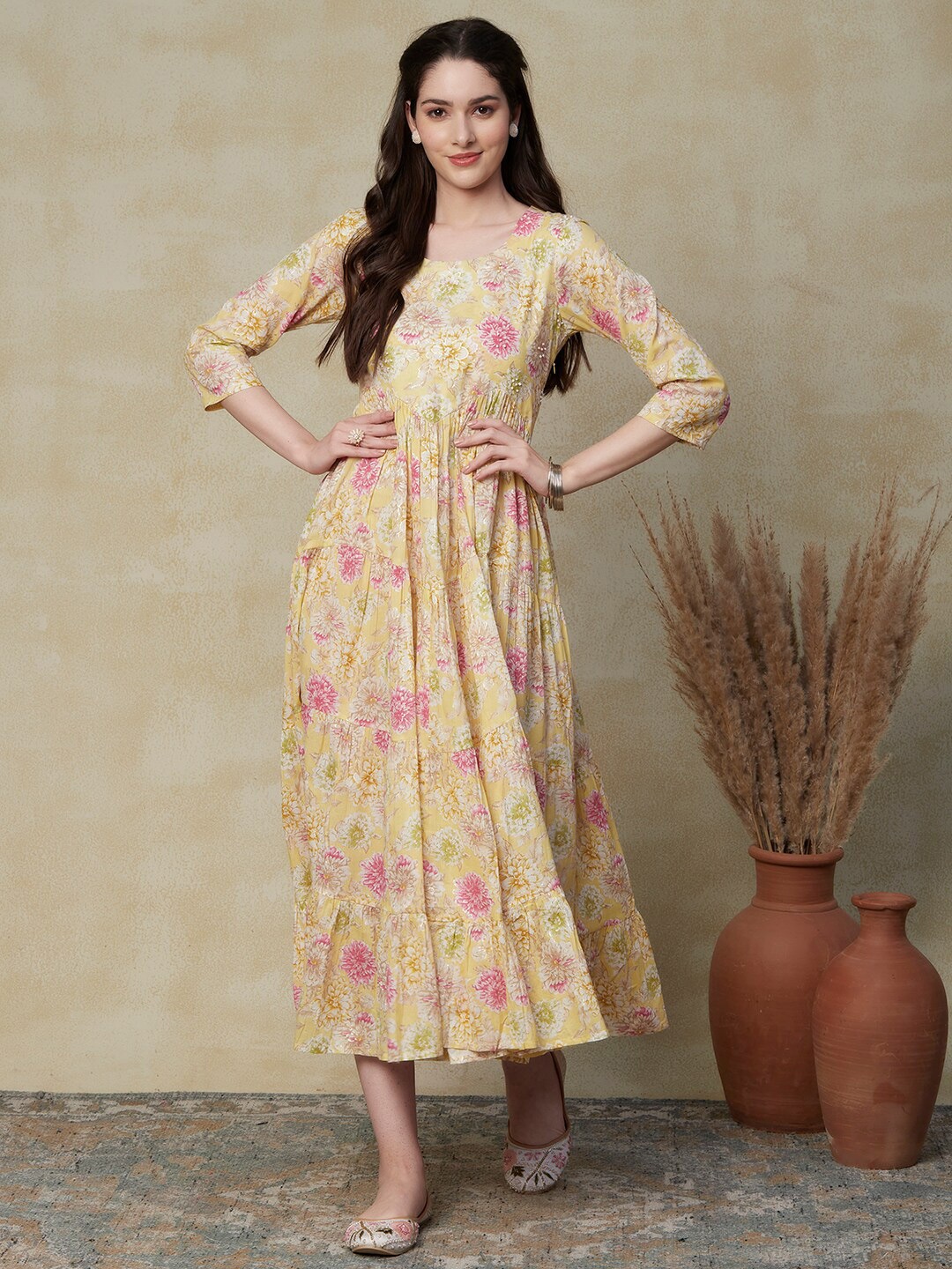 

FASHOR Yellow Floral Print A-Line Midi Dress