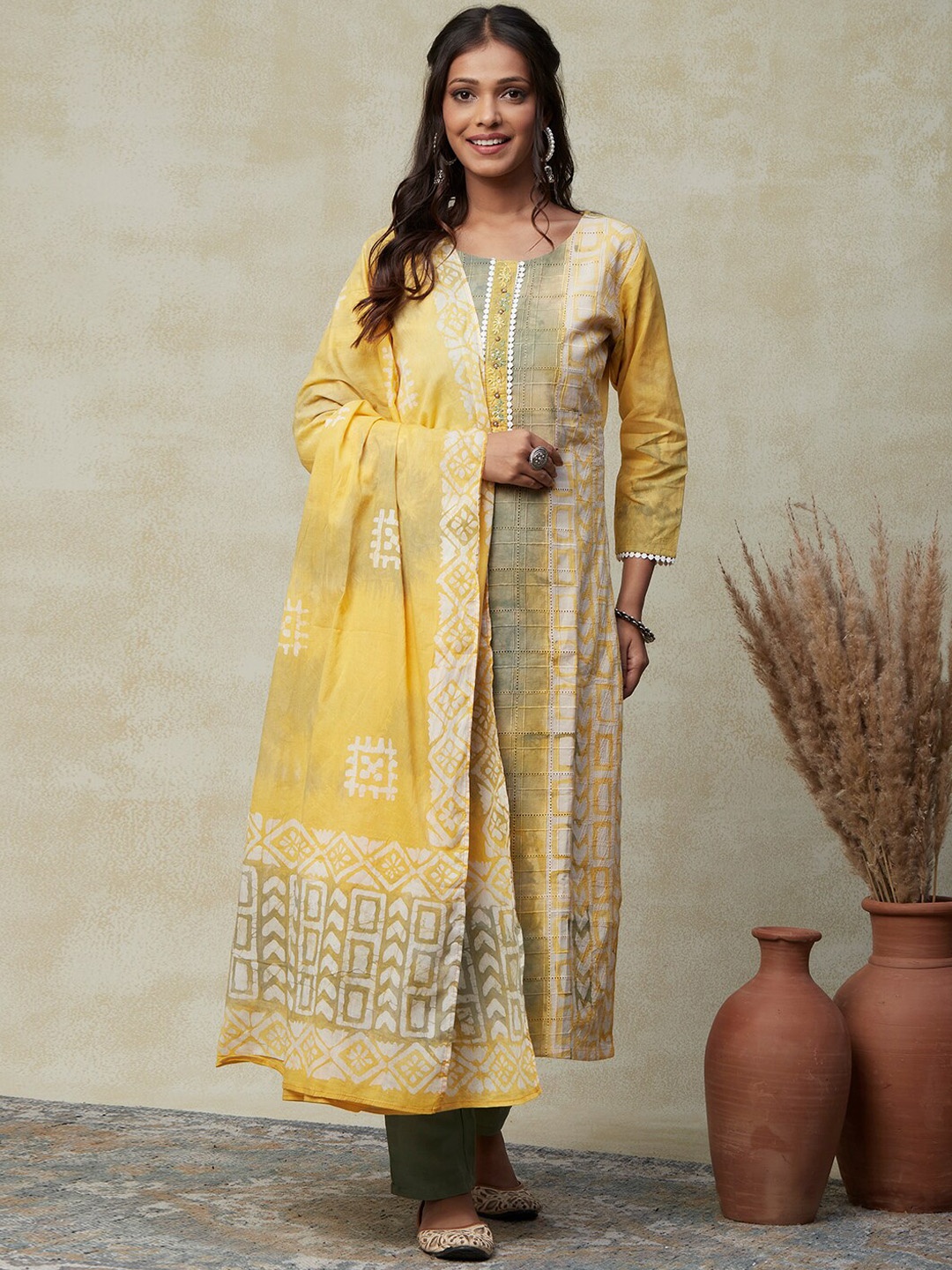 

FASHOR Geometric Printed Pure Cotton Kurta With Trousers & Dupatta, Yellow
