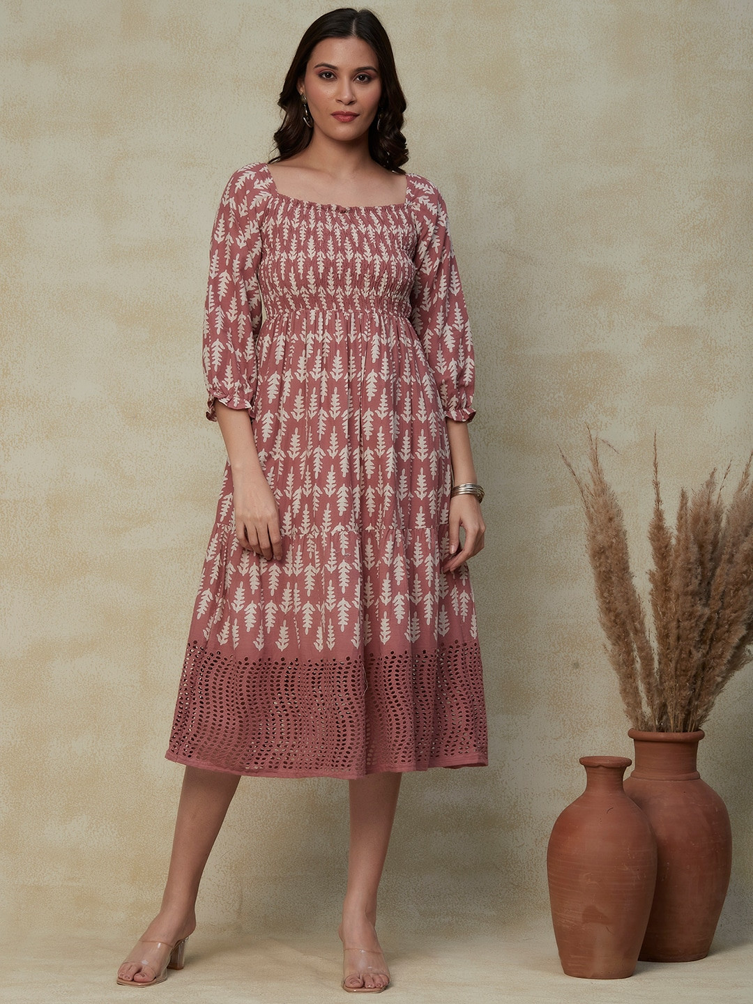 

FASHOR Peach-Coloured Ethnic Motifs Print A-Line Midi Dress
