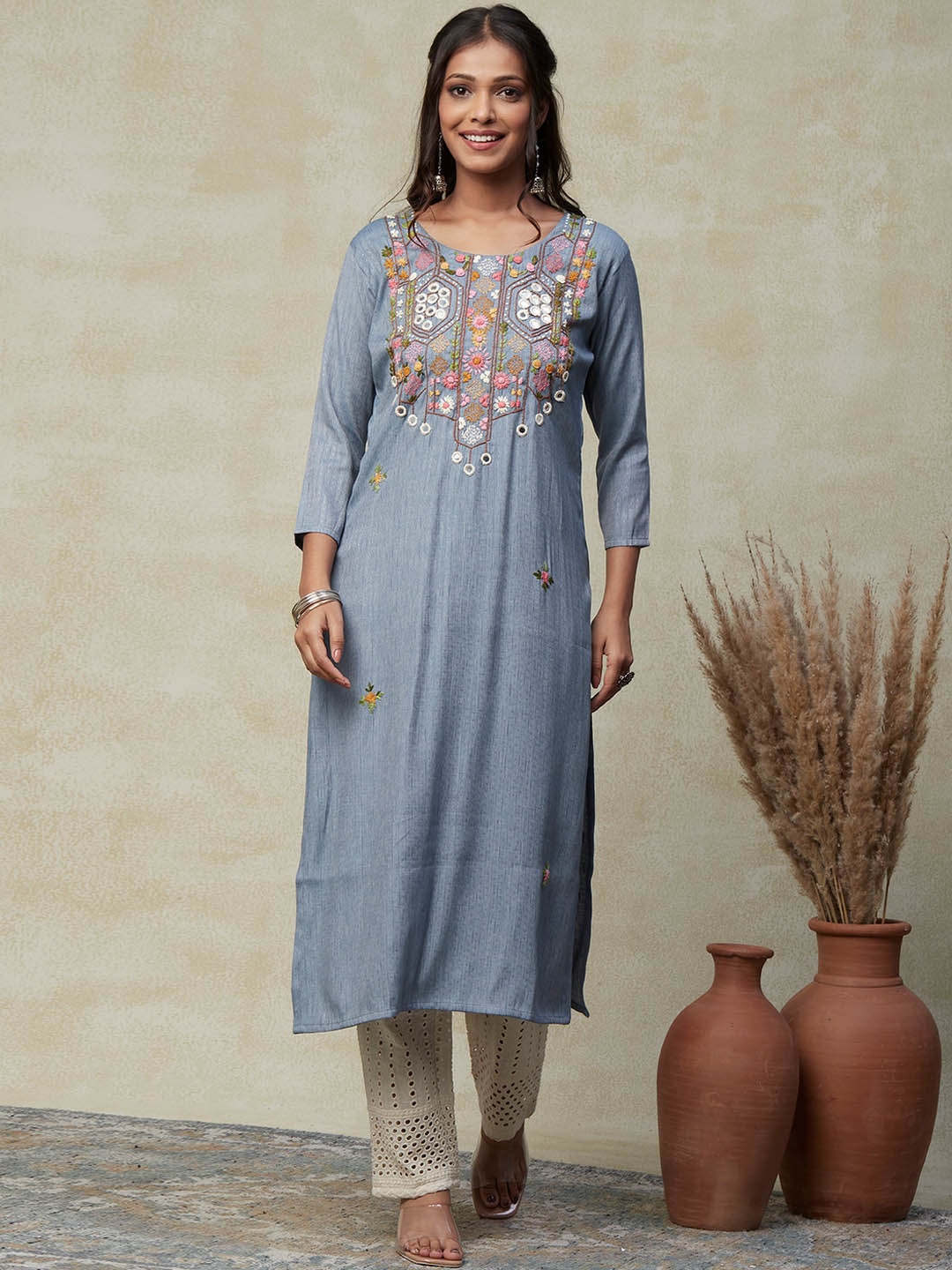 

FASHOR Blue Floral Embroidered Mirror Work Dobby Kurta