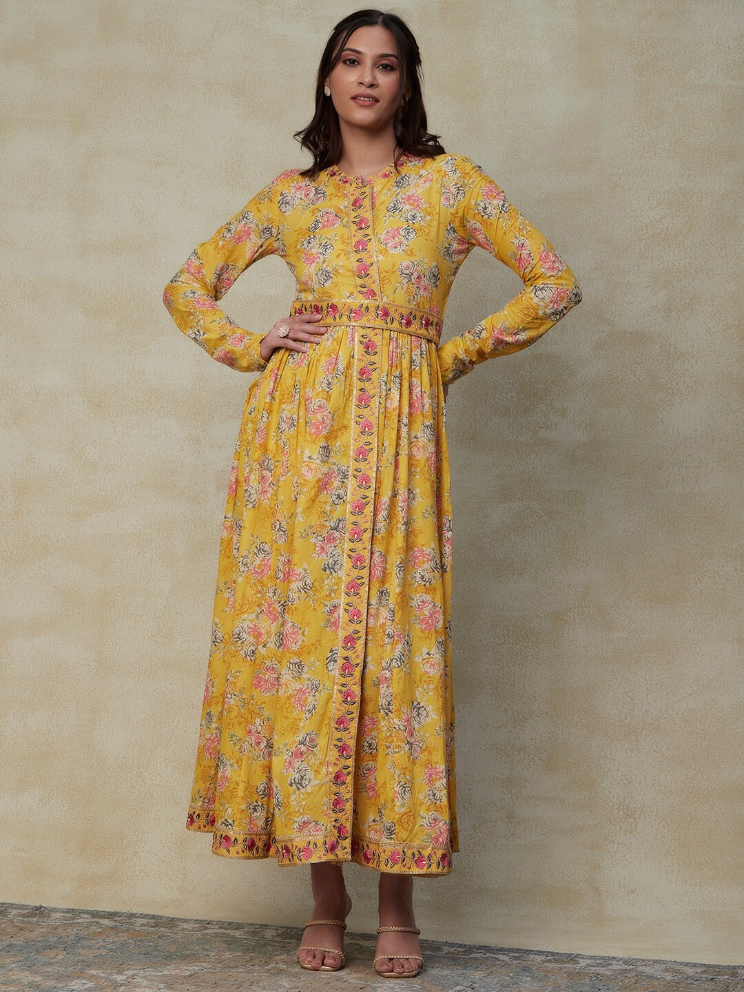 

FASHOR Yellow Floral Printed Cotton Fit & Flare Ethnic Dress