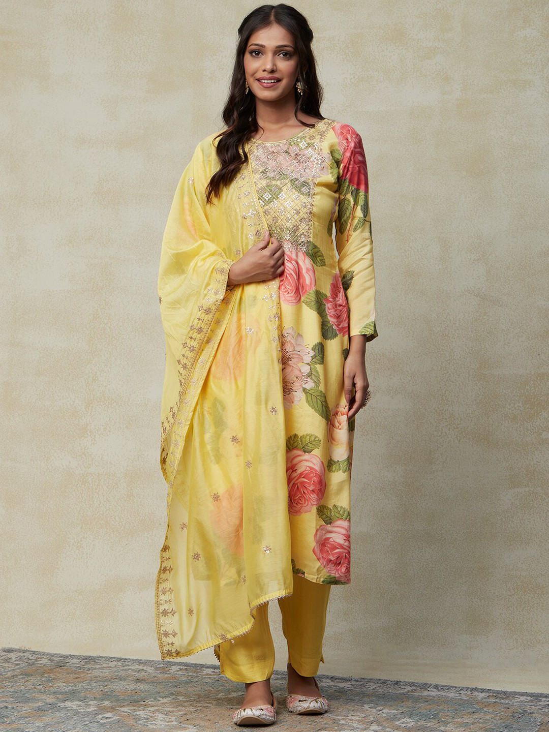 

FASHOR Yellow Floral Printed Sequinned Kurta with Trousers & Dupatta