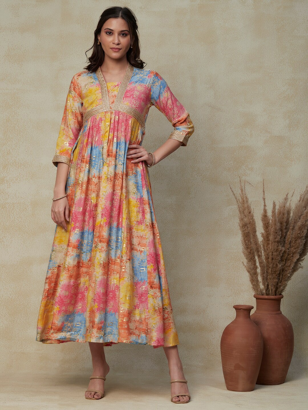 

FASHOR Pink 7 Yellow Abstract Printed Empire Ethnic Dress