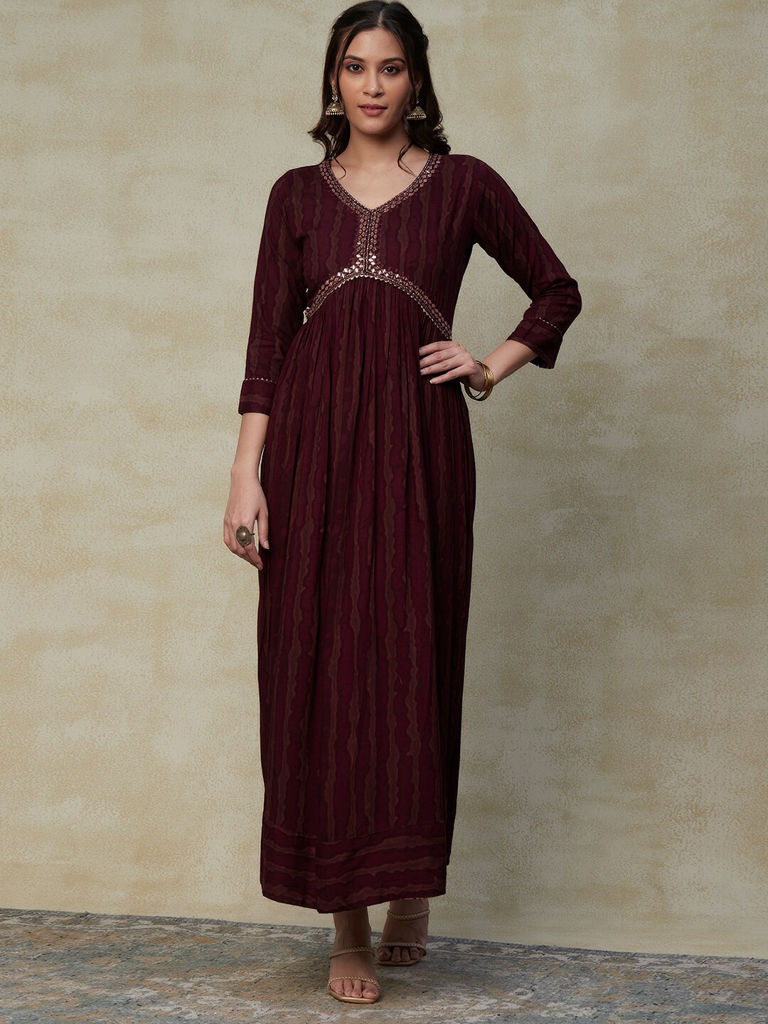 

FASHOR Burgunty Embroidered Gathered Maxi Dress, Burgundy