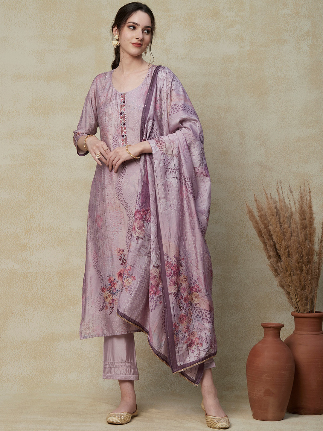 

FASHOR Purple Floral Printed U-Neck Sequinned Kurta with Trousers & Dupatta