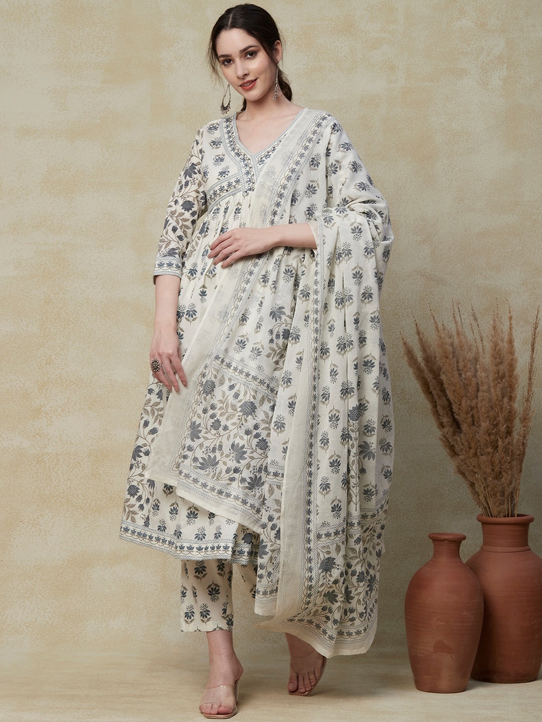 

FASHOR Floral Printed Pleated Pure Cotton Kurta With Trousers & Dupatta, Grey