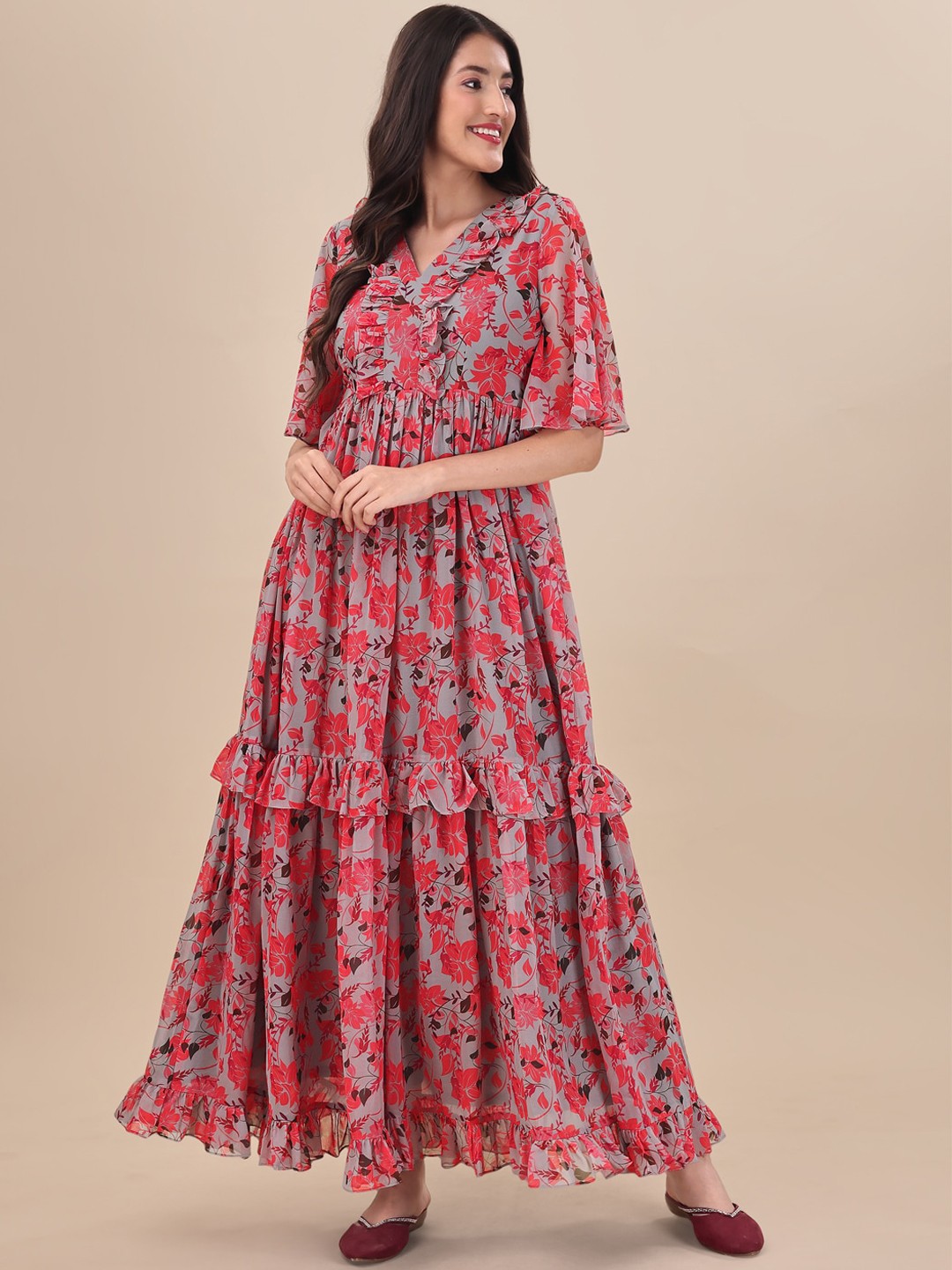 

Inddus Printed Georgette Maxi Fit And Flare Dress, Grey