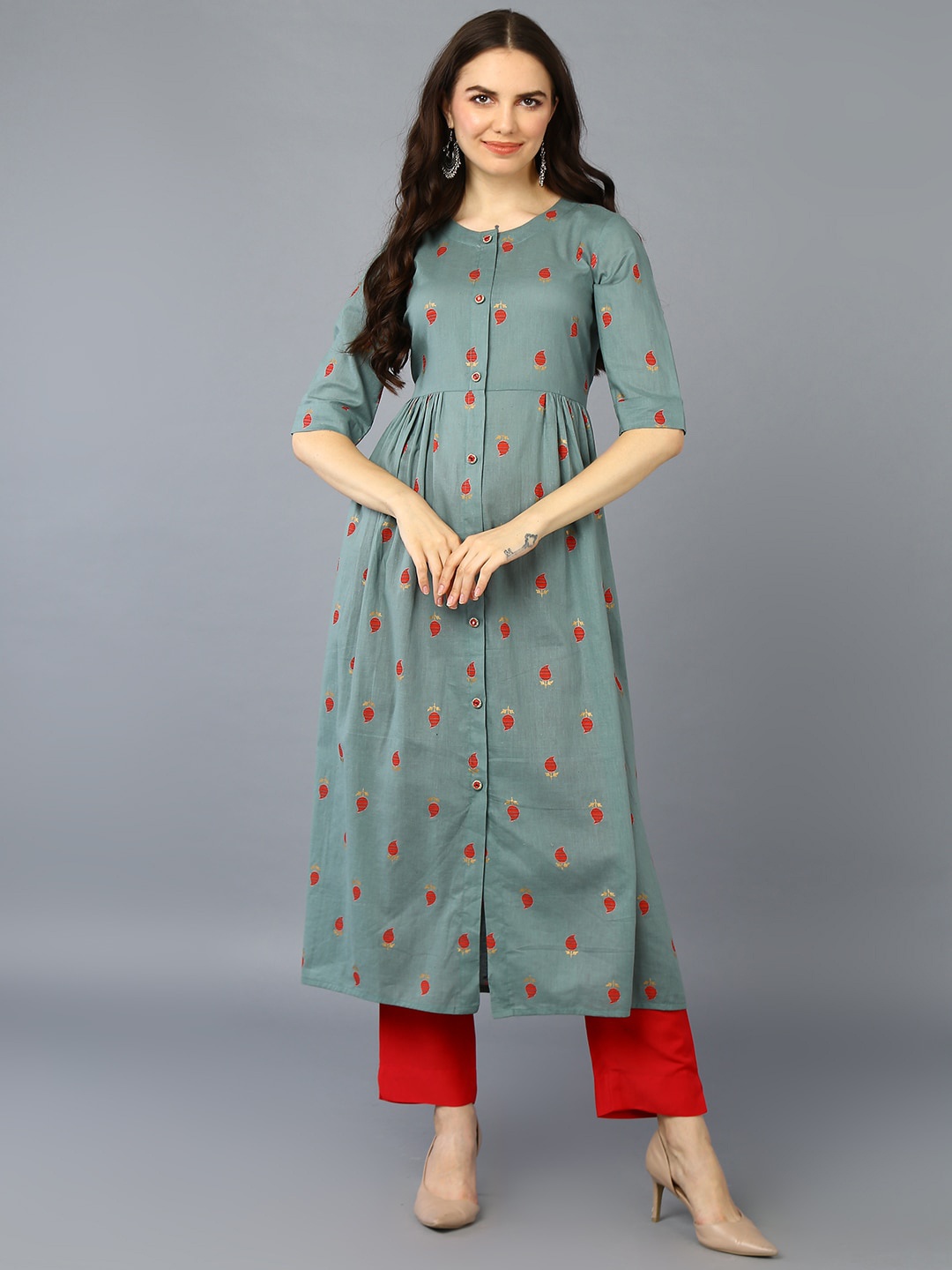

AHIKA Ethnic Motifs Printed Pure Cotton Straight Kurta, Sea green