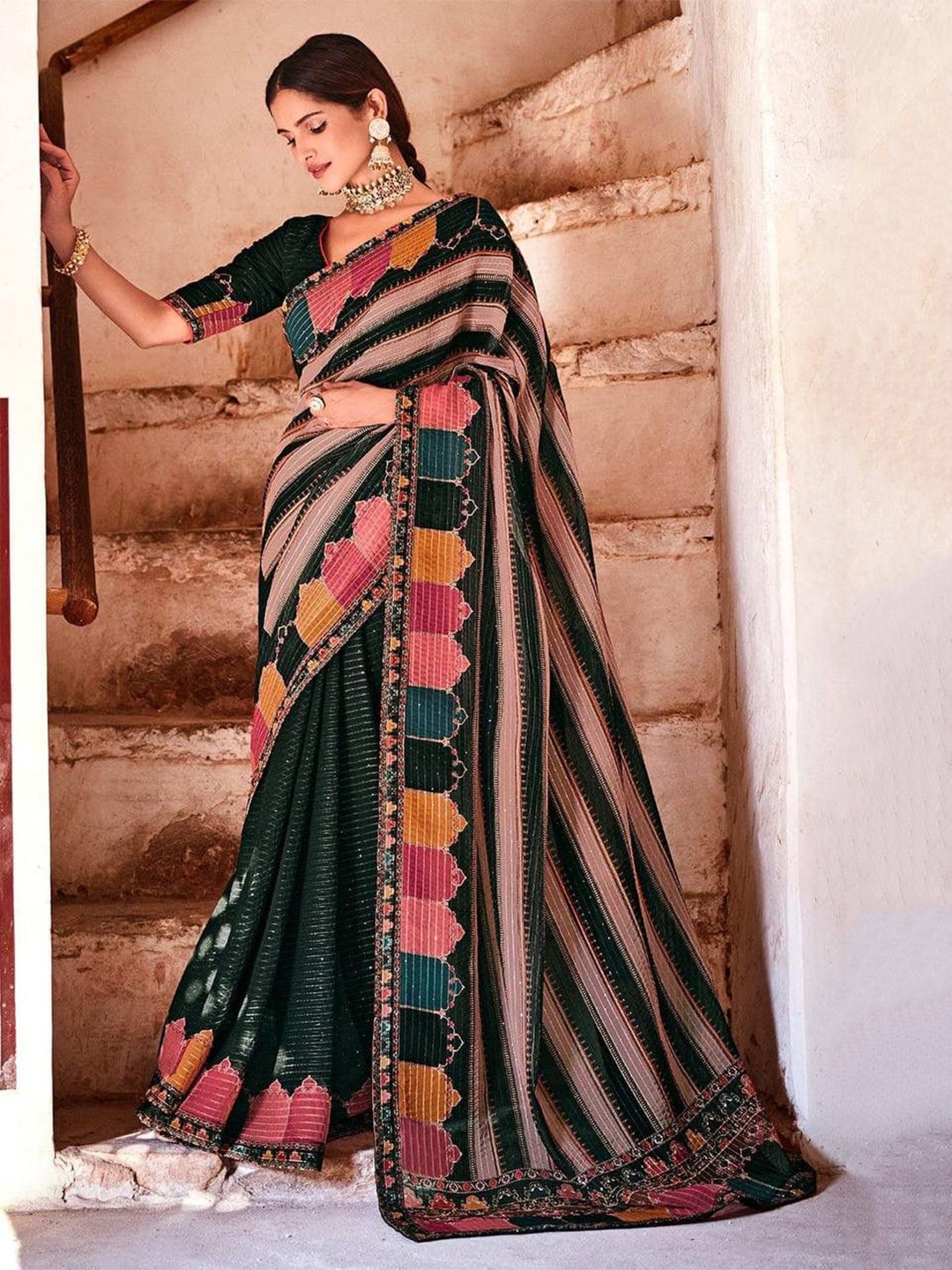 

Mitera Sequinned Embellished Pure Georgette Chanderi Saree, Black