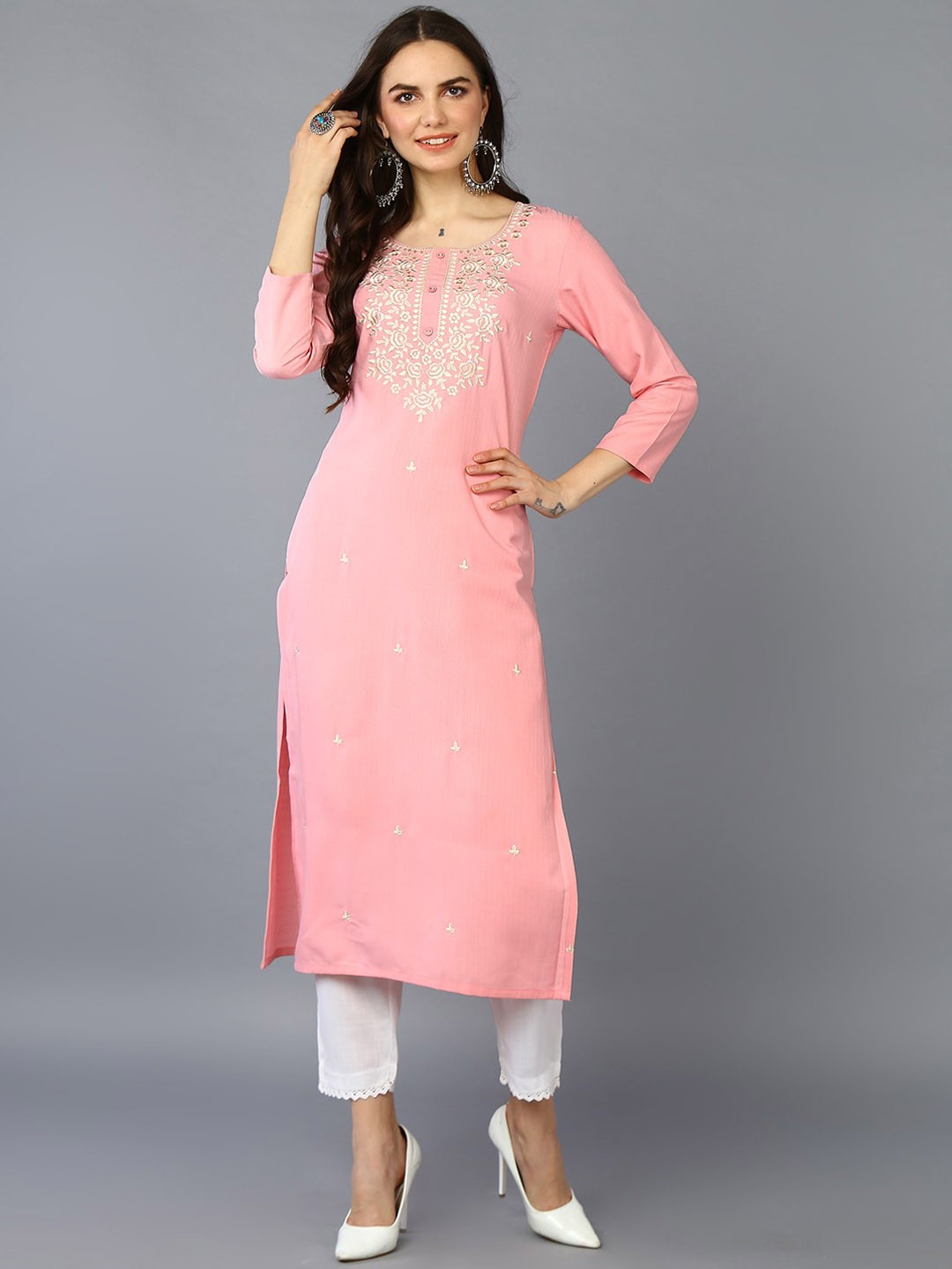 

AHIKA Floral Yoke Design Thread Work Straight Kurta, Pink