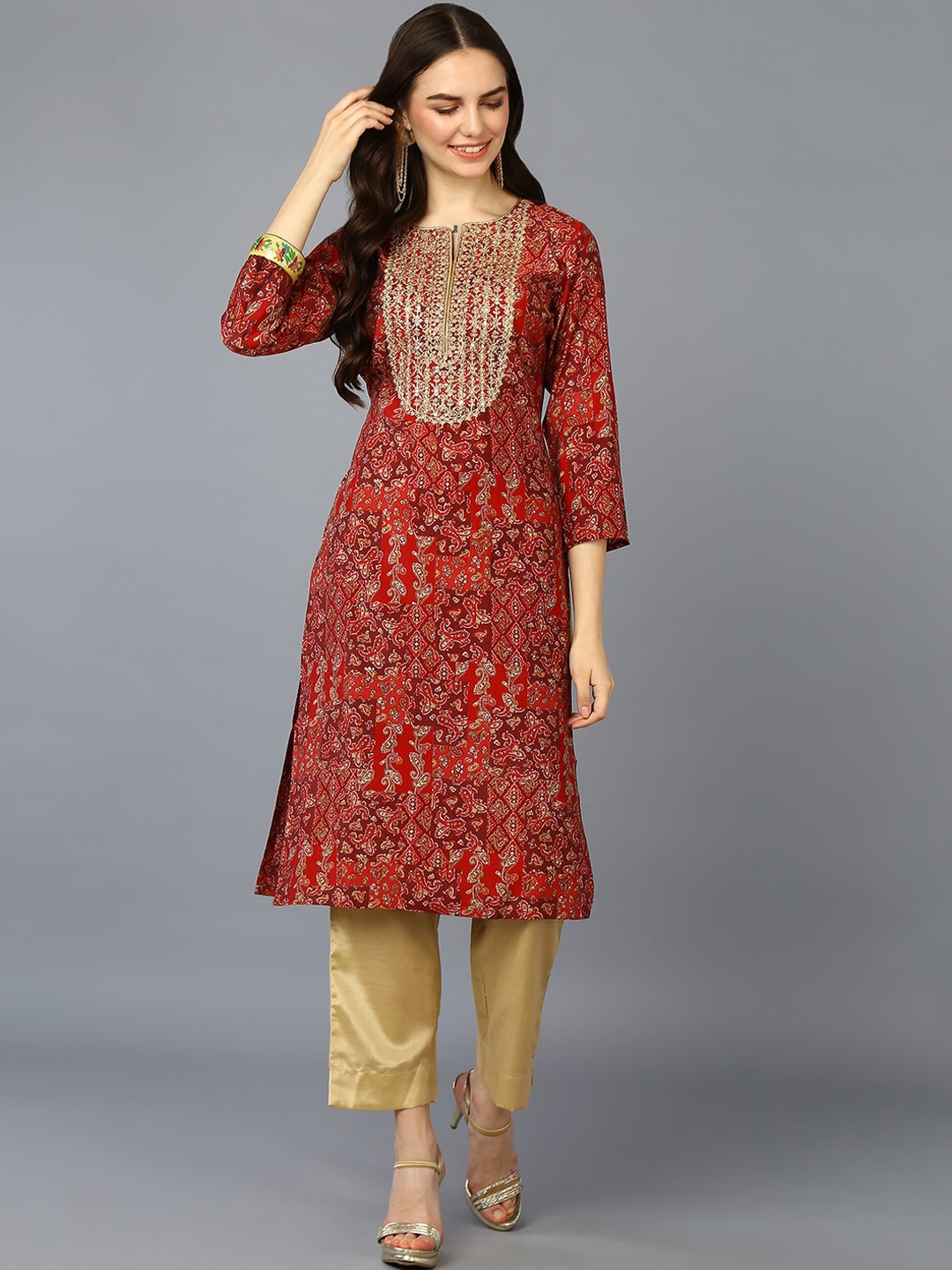 

AHIKA Ethnic Motifs Embroidered Sequinned Straight Kurta, Red