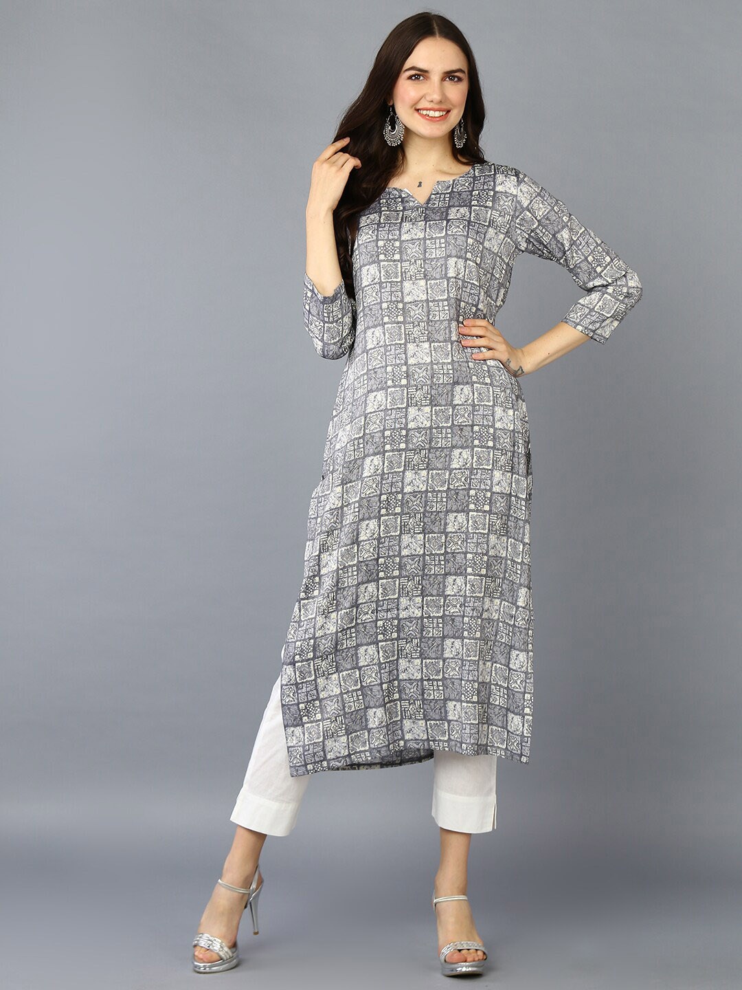 

AHIKA Geometric Printed Straight Kurta, Grey