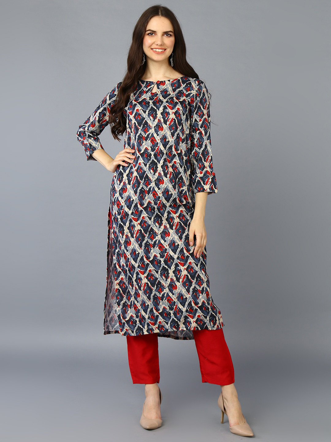 

AHIKA Geometric Printed Keyhole Neck Straight Kurta, Off white