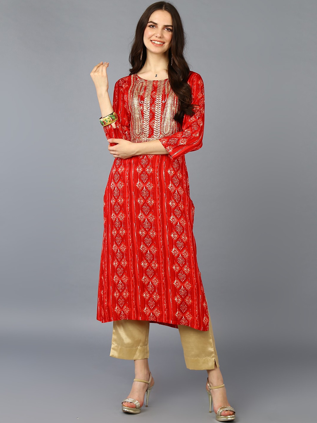 

AHIKA Ethnic Motifs Embroidered Sequinned Straight Kurta, Red