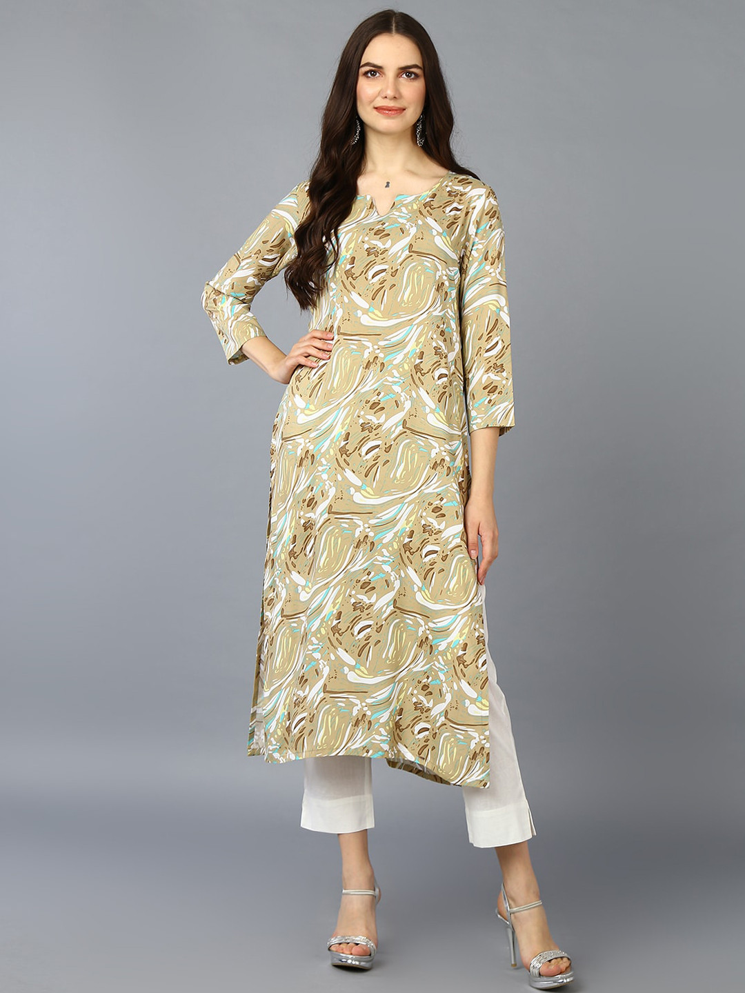 

AHIKA Abstract Printed Straight Kurta, Khaki