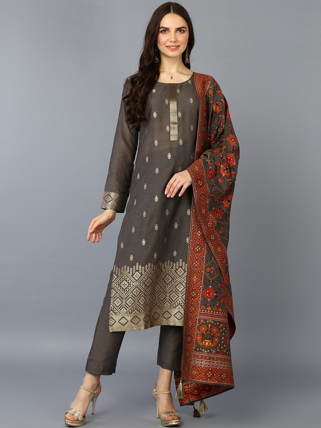 

AHIKA Floral Woven Design Regular Kurta & Trousers With Dupatta, Grey