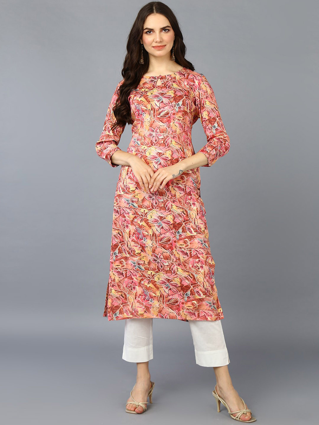 

AHIKA Floral Printed Straight Kurta, Pink