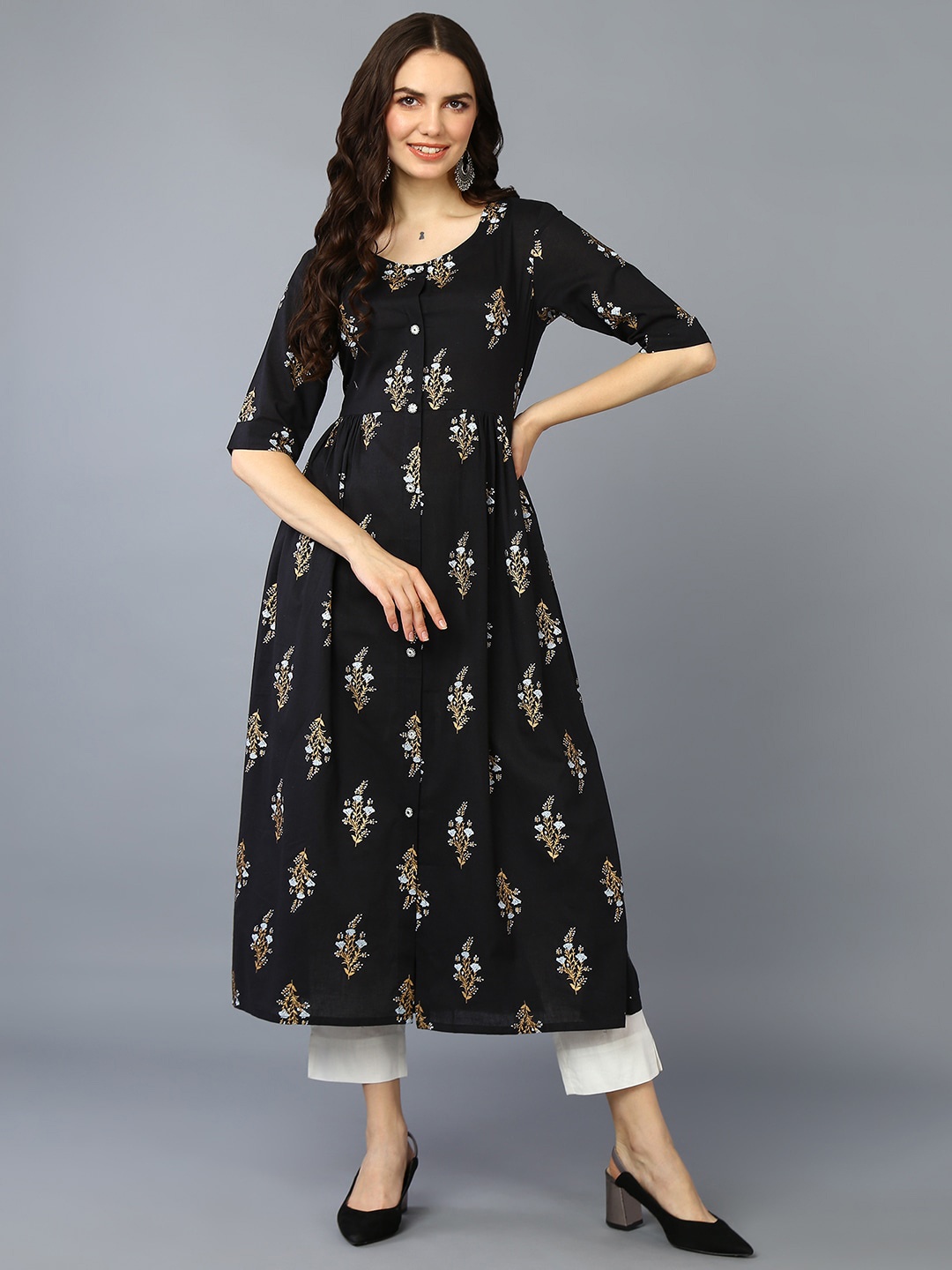 

AHIKA Floral Printed Cotton A-Line Kurta, Black