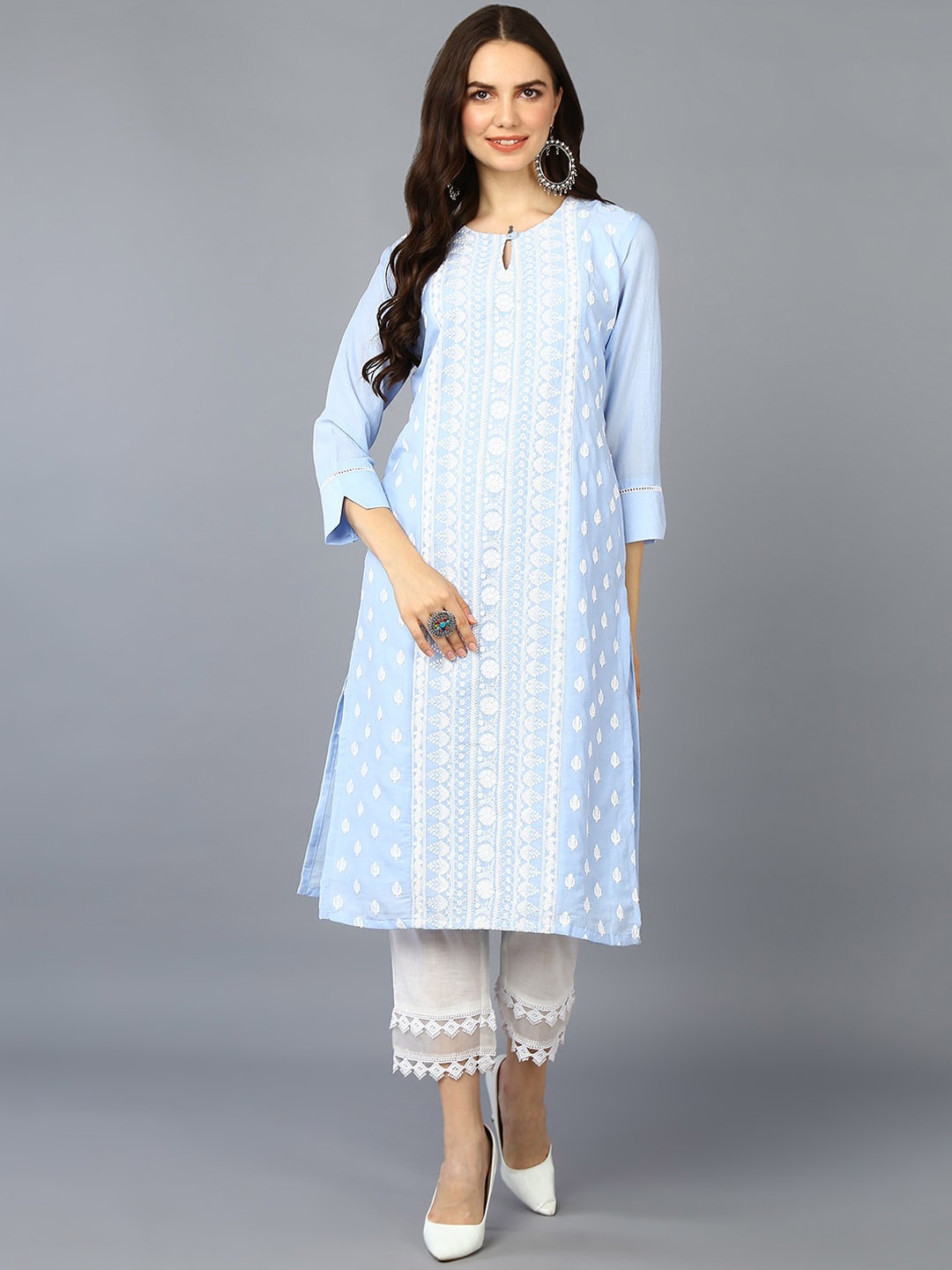 

AHIKA Ethnic Motifs Embroidered Keyhole Neck Thread Work Kurta, Blue