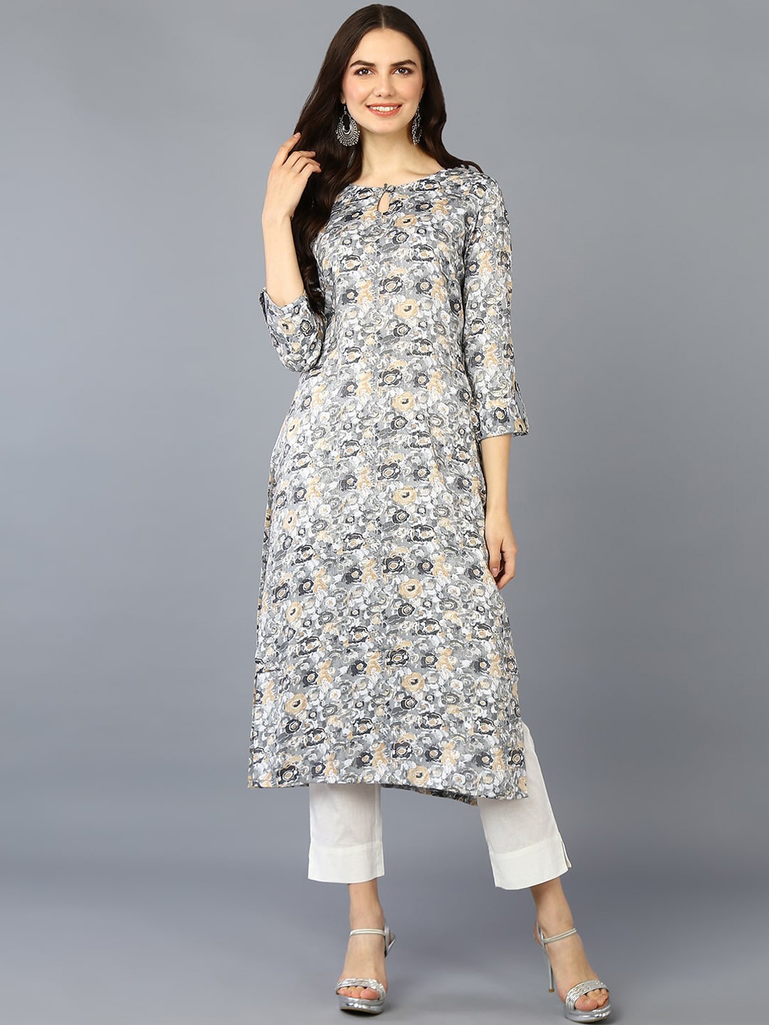 

AHIKA Floral Printed Keyhole Neck Straight Kurta, Grey