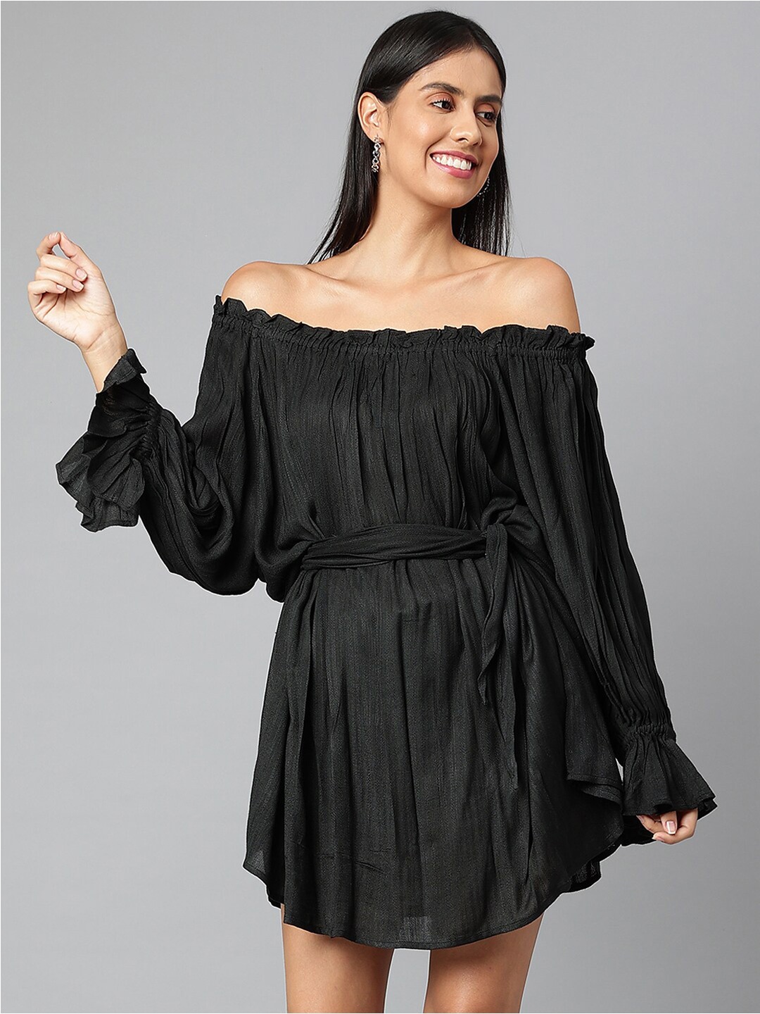 

FINSBURY LONDON Off-Shoulder Cotton A-Line Tunic, Black