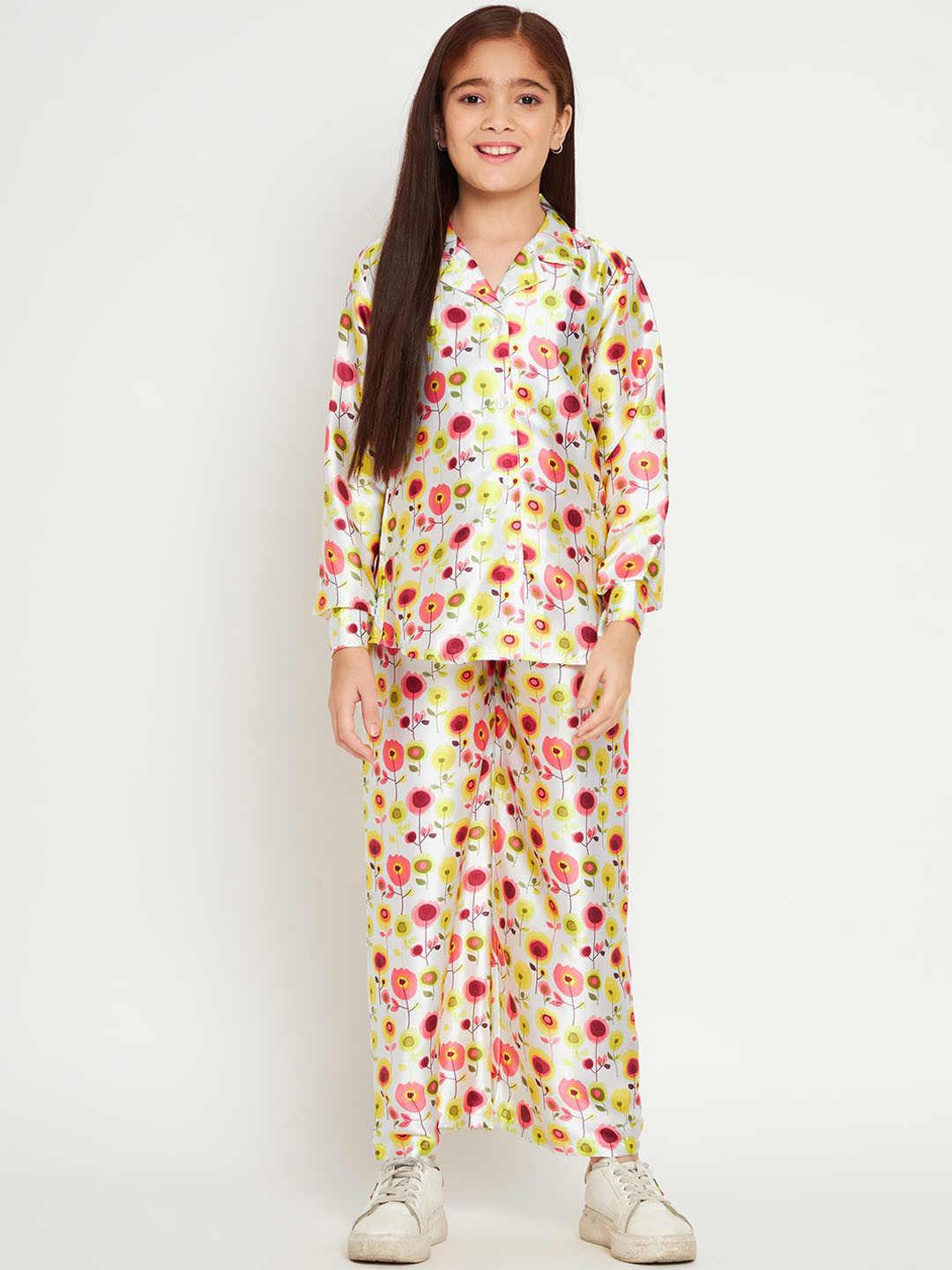 

Readiprint Fashions Girls Floral Printed Shirt Collar Shirt With Trousers, White