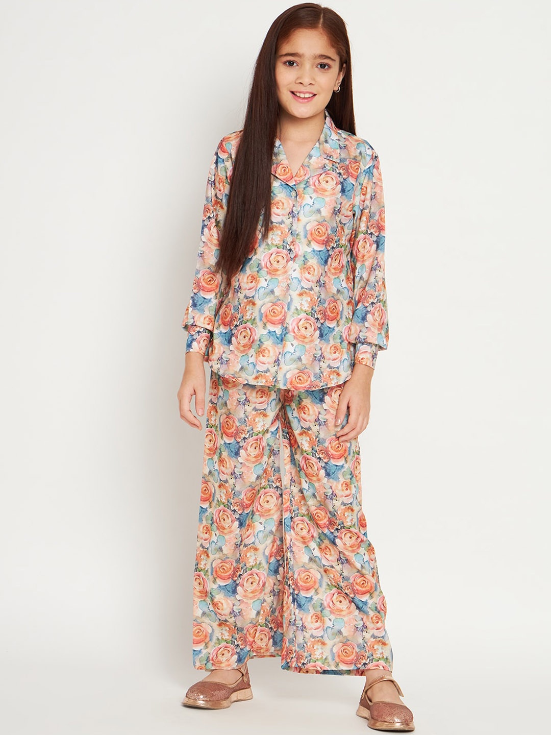 

Readiprint Fashions Girls Shirt style Cotton Floral Printed Top & palazzo, Peach