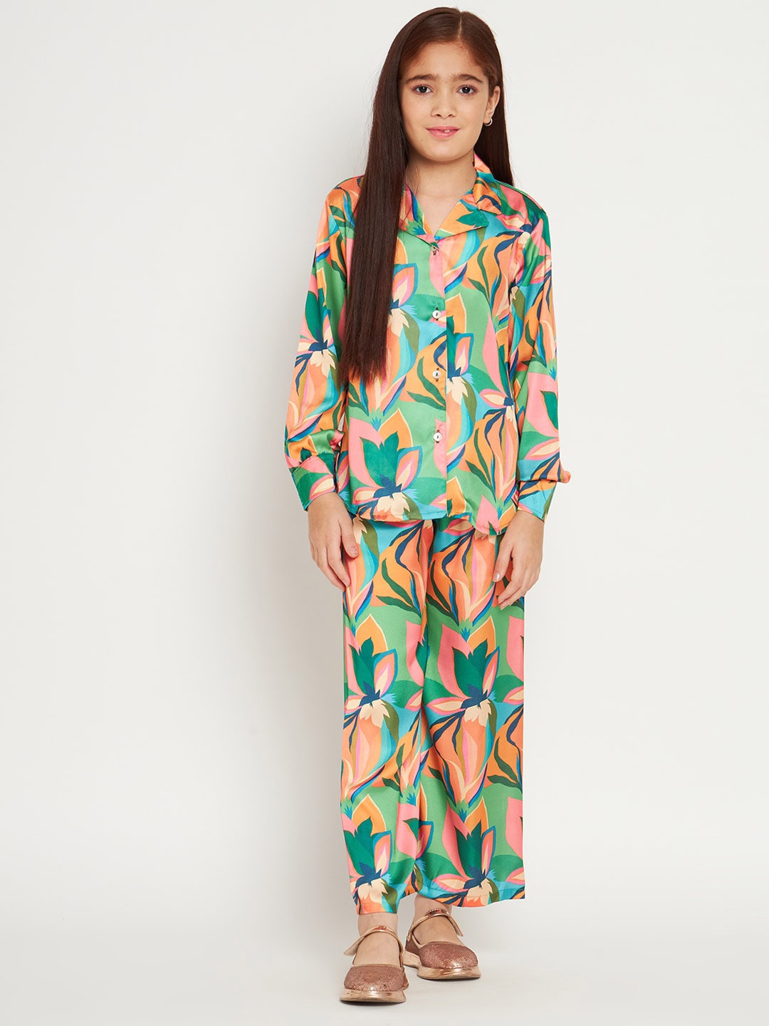 

Readiprint Fashions Girls Floral Printed Shirt Collar Shirt With Trousers, Green