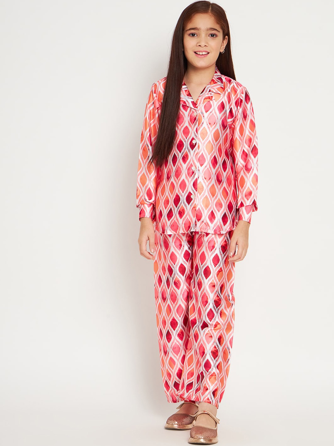 

Readiprint Fashions Girls Printed Shirt Collar Shirt With Trousers, Pink