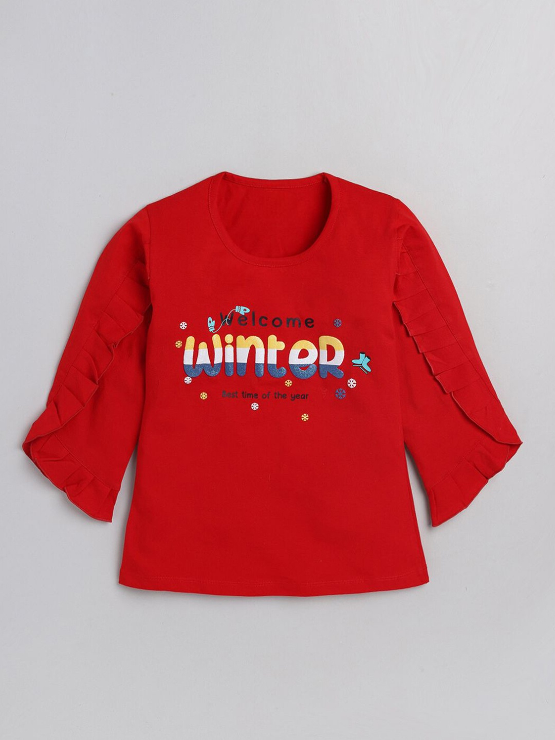 

YK Girls Red Typography Printed Pure Cotton T-shirt