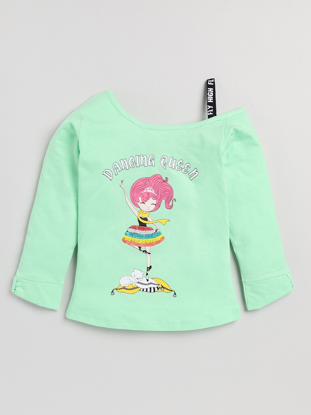 YK Girls Graphic Printed Shoulder Straps Pure Cotton Top, Green