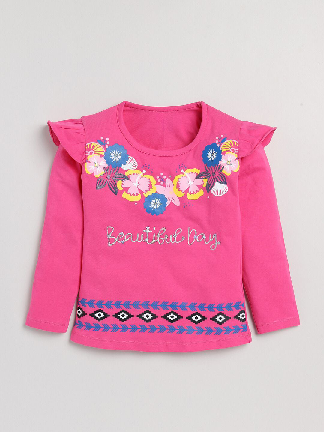 

YK Girls Floral Printed Pure Cotton T-shirt, Fuchsia