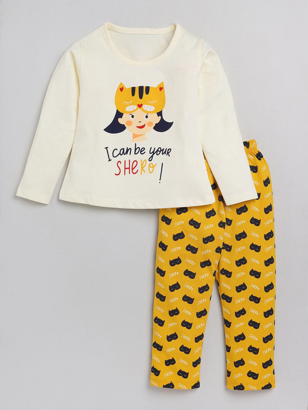 

YK Girls Printed Pure Cotton T-shirt With Pyjamas, Yellow